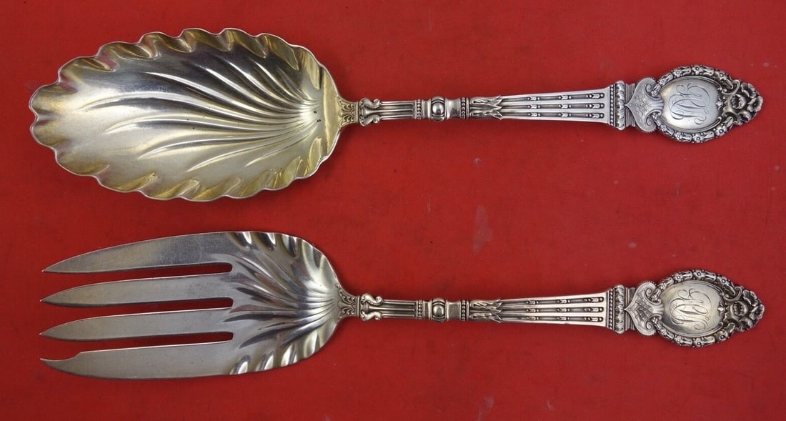 Durgin Sterling Silver Salad Serving Set Gold Wash 8 7/8" Monogrammed: Durgin Sterling Silver Salad Serving Set Gold Wash 8 7/8" Monogrammed This exquisite salad serving set by Durgin is crafted from high-quality sterling silver, featuring a beautiful gold wash on the se