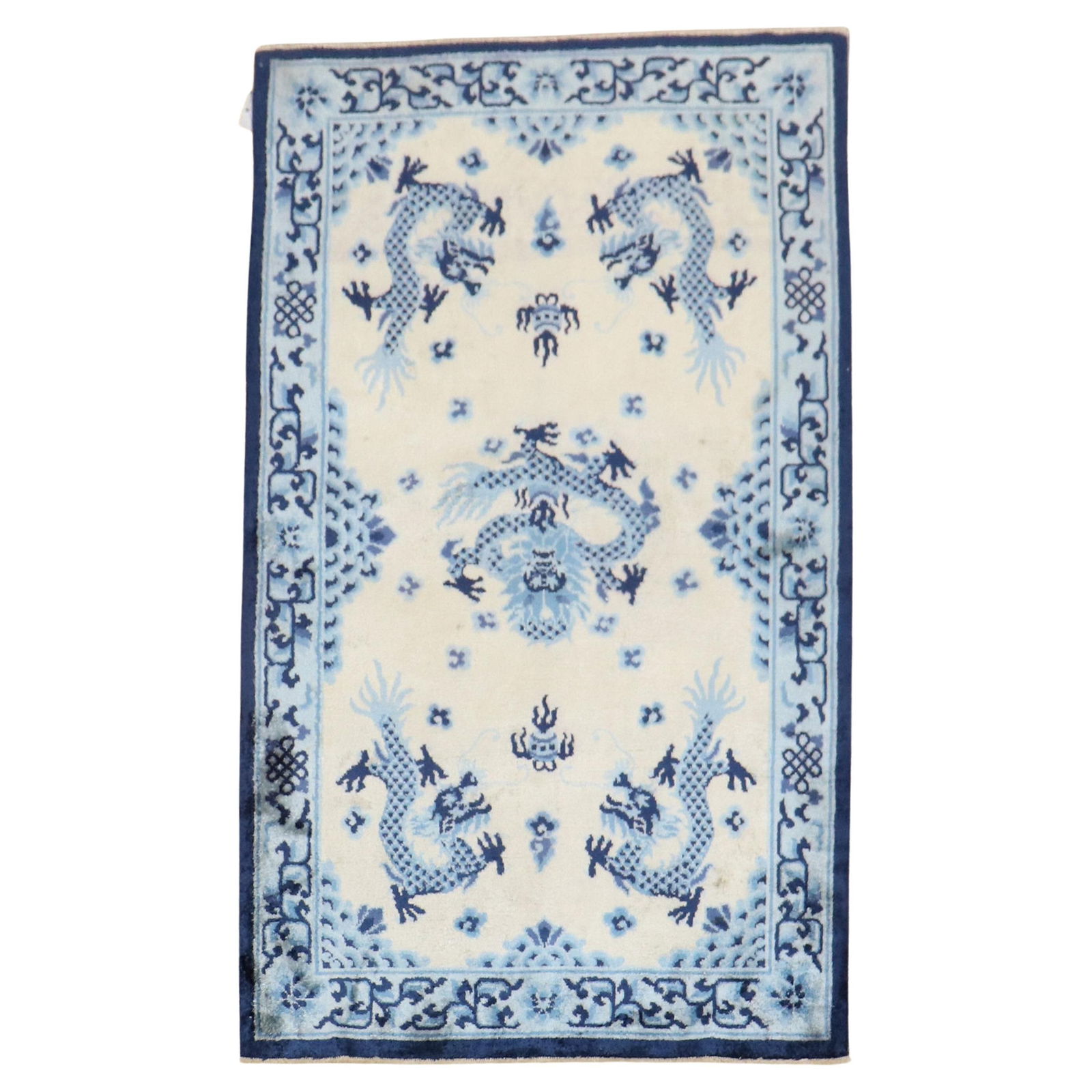 Late 20th Century Blue Beige Chinese Silk Hand-Woven Rug 36 x 59: Late 20th Century Blue Beige Chinese Silk Hand-Woven Rug 36 x 59 Enhance your space with this exquisite late 20th-century Chinese silk scatter rug, featuring a harmonious blend of beige, light blue, a