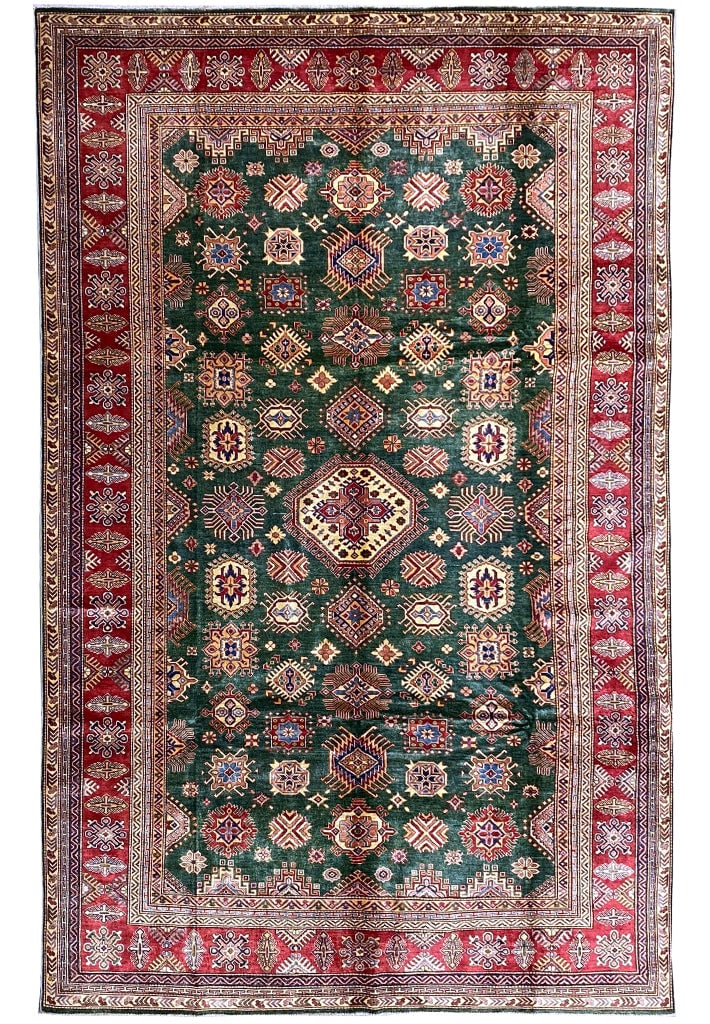 8.4 x 12.3 Green Hand-Knotted Wool Super Kazak Rug: 8.4 x 12.3 Green Hand-Knotted Wool Super Kazak Rug Free continental US Shipping Enhance your living space with this stunning 8.4 x 12.3-foot green hand-knotted Super Kazak rug. Crafted from quality wo