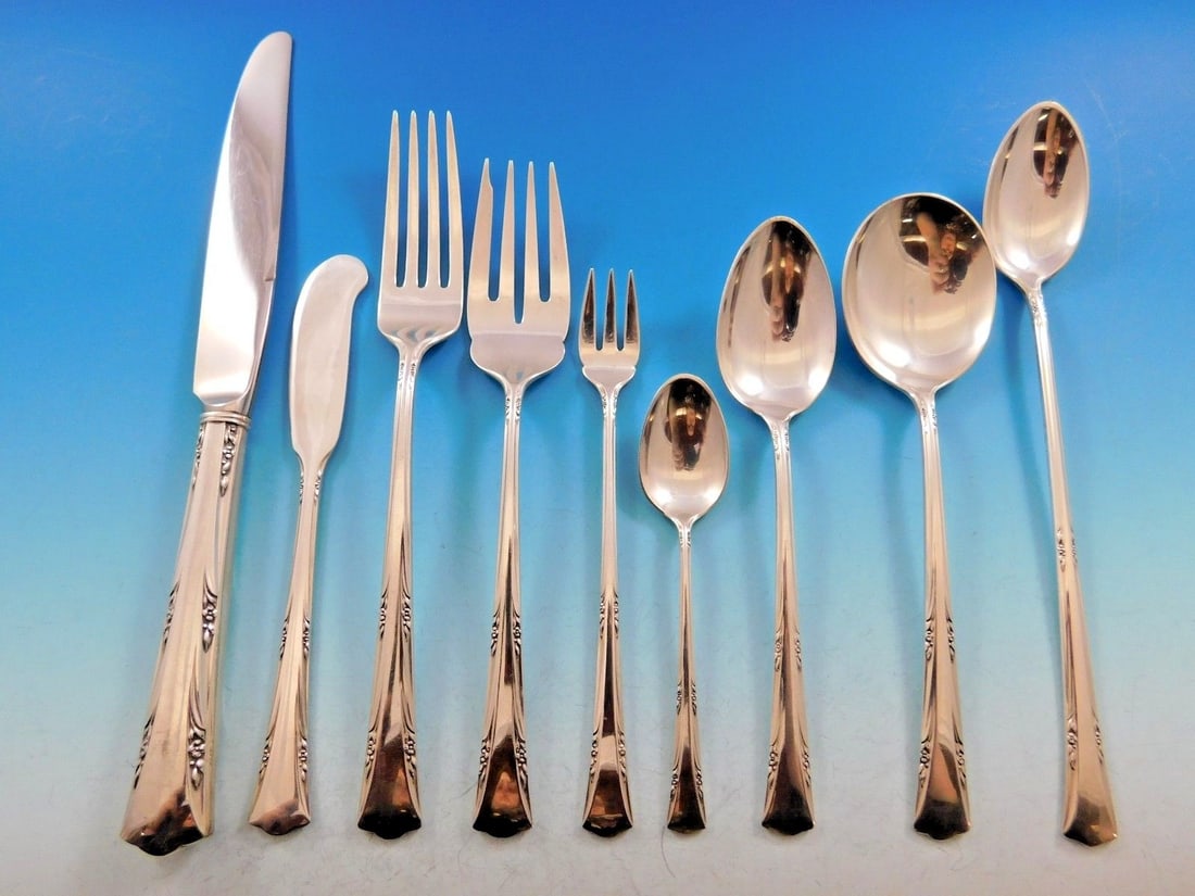 Gorham Greenbrier Sterling Silver Flatware Set for 12 - 124 Pieces Art Deco: Gorham Greenbrier Sterling Silver Flatware Set for 12 - 124 Pieces Art Deco This exquisite Greenbrier Sterling Silver Flatware Set by Gorham is a stunning addition to any dining experience. Designed i