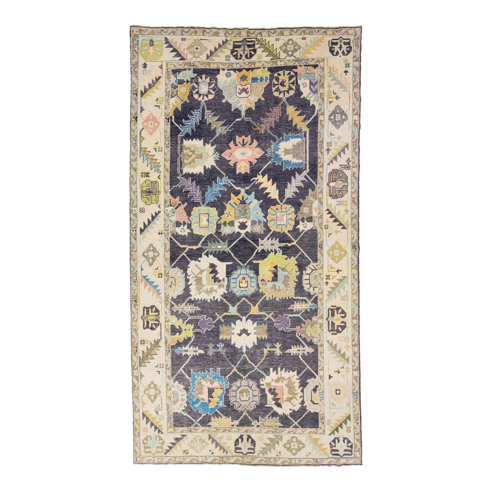 Modern Turkish Oushak Hand-Knotted Floral Wool Rug 8'4" x 15'10": Modern Turkish Oushak Hand-Knotted Floral Wool Rug 8'4" x 15'10" Enhance your space with this stunning modern Turkish Oushak handmade rug, crafted from high-quality wool. Featuring a rich charcoal fie