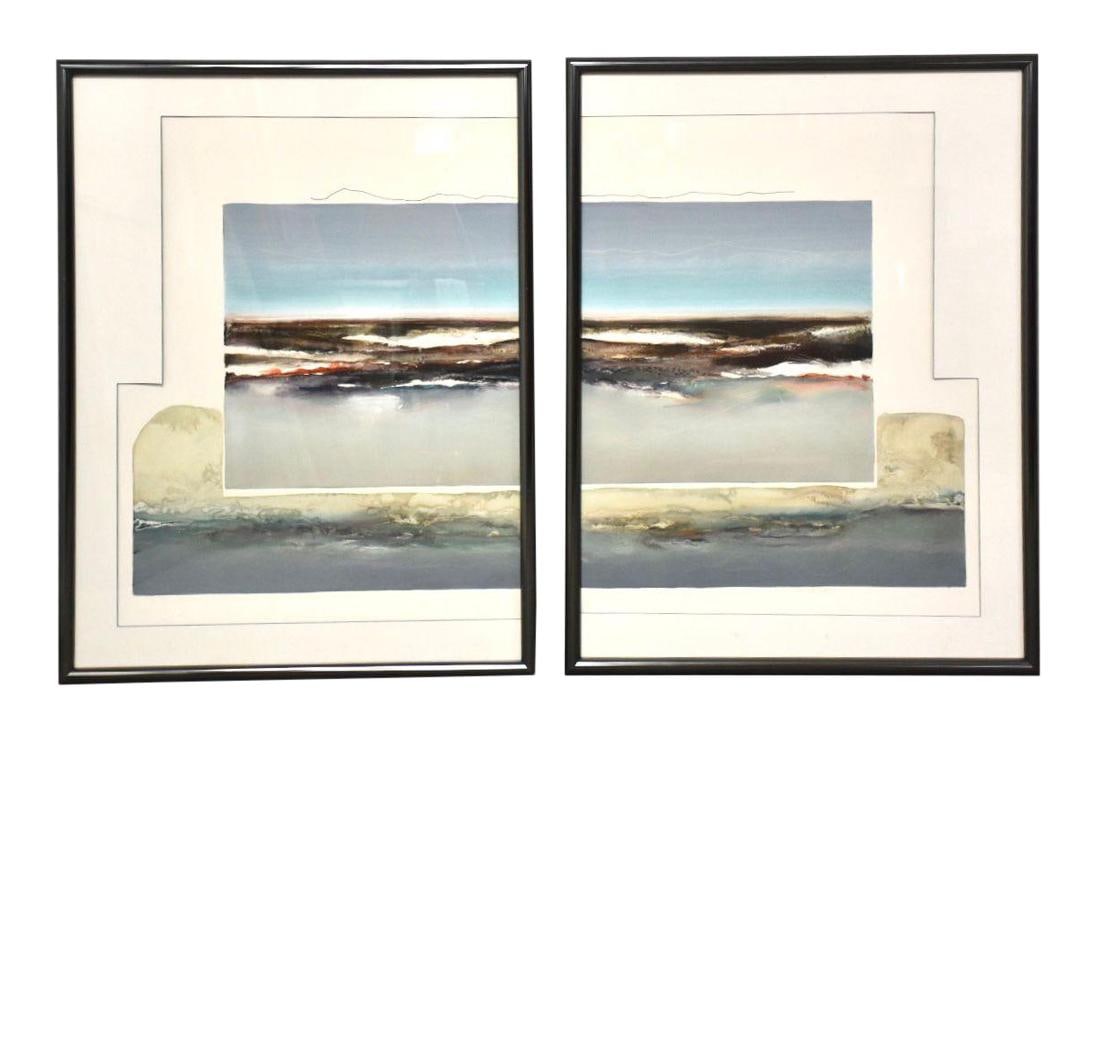 Modern Abstract Watercolor Pair by Joanne Miller Rafferty Signed: Modern Abstract Watercolor Pair by Joanne Miller Rafferty Signed This stunning pair of modern abstract paintings by Joanne Miller Rafferty showcases vibrant blue hues and intricate watercolor techniqu