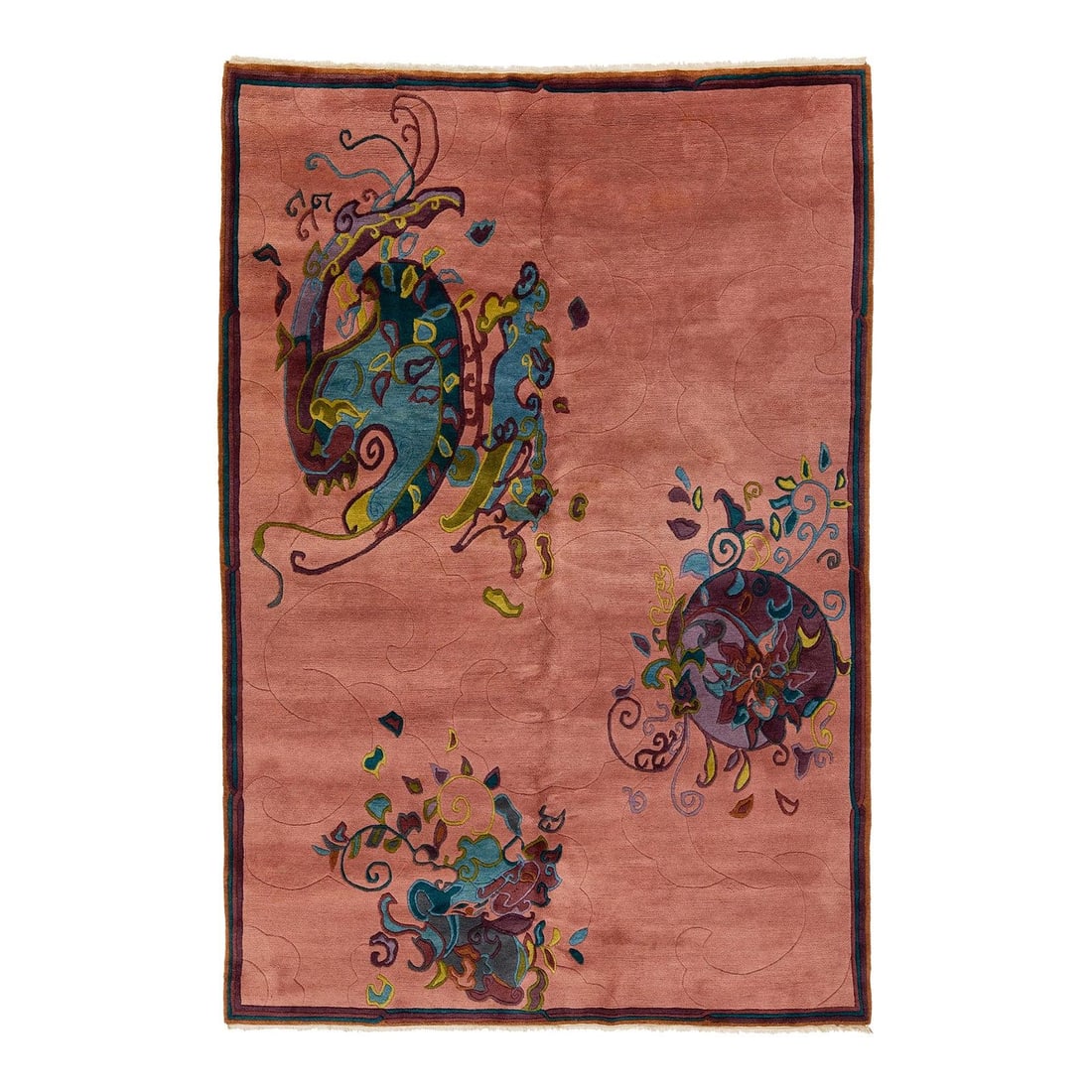 Antique Art Deco Chinese Wool Rug 6'6" x 9'7" Floral Design Peach: Antique Art Deco Chinese Wool Rug 6'6" x 9'7" Floral Design Peach Discover the elegance of this antique Chinese Art Deco rug, meticulously hand-knotted from high-quality wool. This stunning piece show