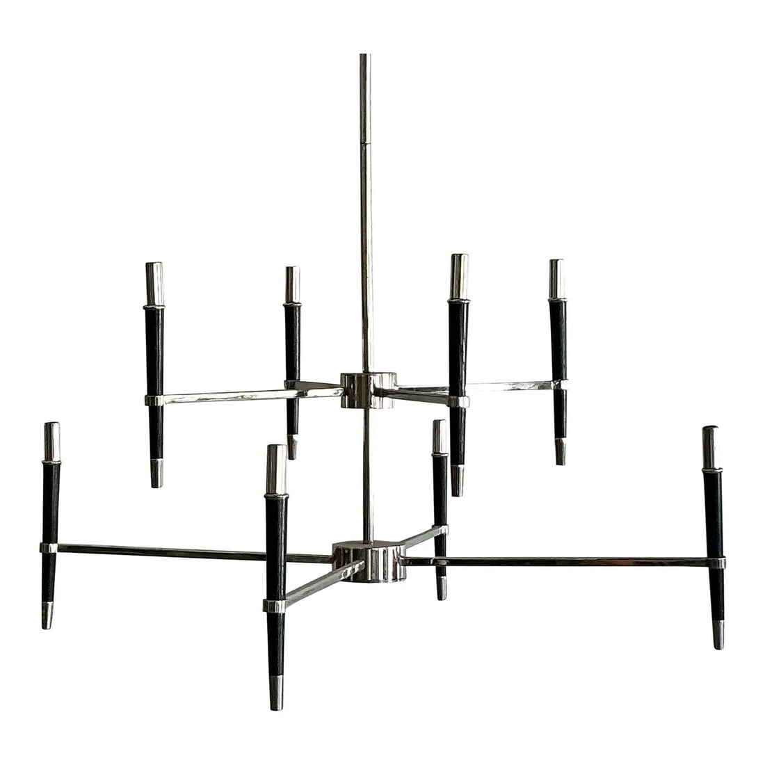 Vintage Mid-Century Modern 8 Arm Chrome Chandelier: Vintage Mid-Century Modern 8 Arm Chrome Chandelier This vintage eight-arm chandelier is a striking representation of Mid-Century Modern design, featuring clean architectural lines and a sleek chrome f