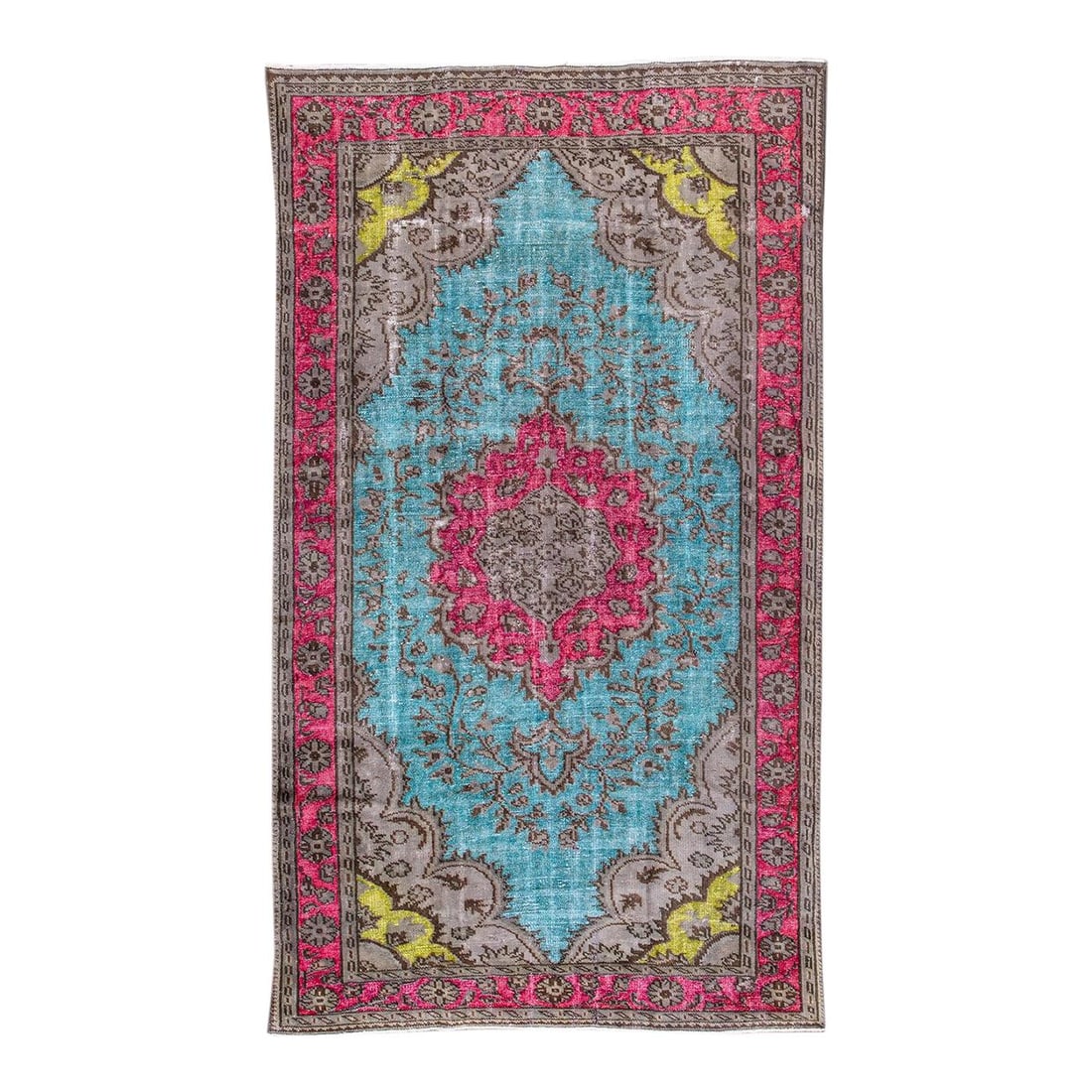 Vintage Turkish Revival Overdyed Wool Rug 5'8 X 10 Sky Blue Medallion: Vintage Turkish Revival Overdyed Wool Rug 5'8 X 10 Sky Blue Medallion Elevate your space with this stunning vintage Turkish Revival Overdyed handmade wool rug, featuring a captivating sky blue field.