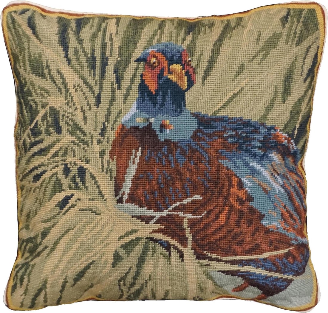 Handmade Needlepoint Pheasant Cushion 18x18 Cotton Velvet: Handmade Needlepoint Pheasant Cushion 18x18 Cotton Velvet Enhance your home decor with this elegant 18x18 needlepoint cushion featuring a beautifully crafted hiding pheasant design. This decorative pi