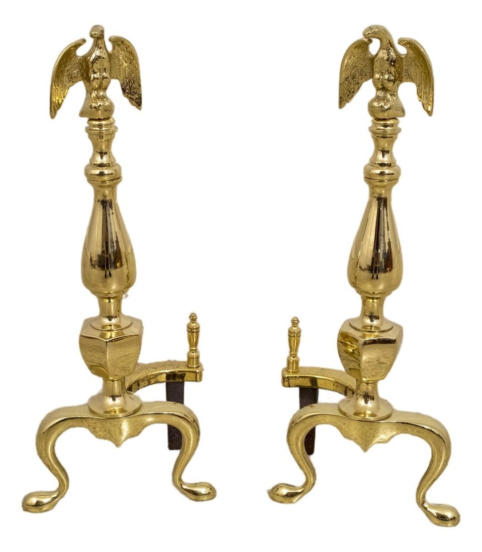 Solid Brass Eagle Top Federal Style Fireplace Andirons Pair (1 of 10)