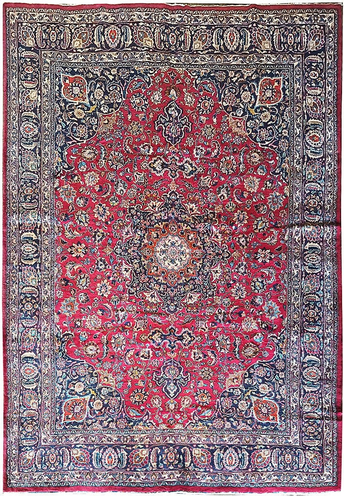 Hand-Knotted Persian Mashad Rug 9.10 x 13.1 Deep Red Premium Wool: Hand-Knotted Persian Mashad Rug 9.10 x 13.1 Deep Red Premium Wool Free continental US Shipping Enhance your living space with the exquisite 9.10 x 13.1 Persian Traditional Mashad Rug in a stunning dee