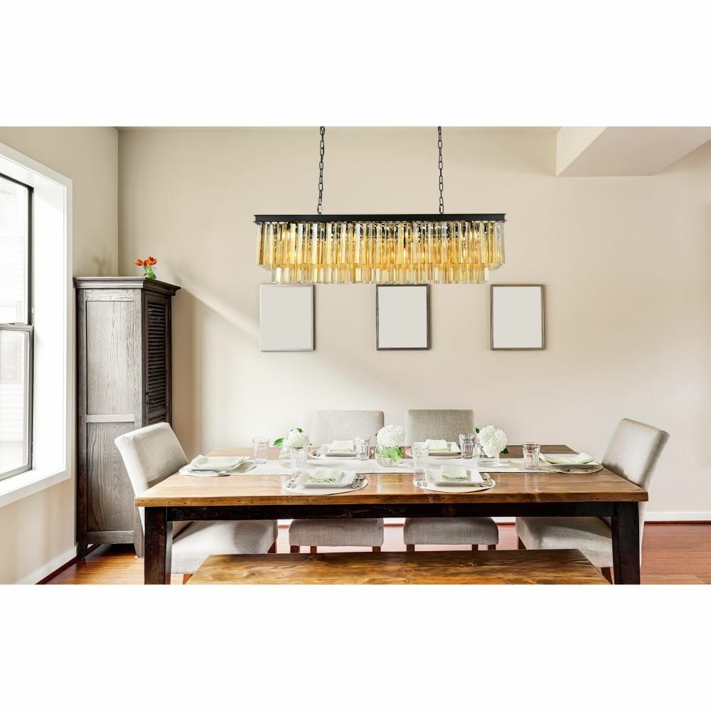 Sydney 12-Light Modern Matte Black Chandelier with Golden Teak Crystals 50 Inch: Sydney 12-Light Modern Matte Black Chandelier with Golden Teak Crystals 50 Inch This modern chandelier features a matte black frame adorned with royal cut golden teak (smoky) glass crystals, offering