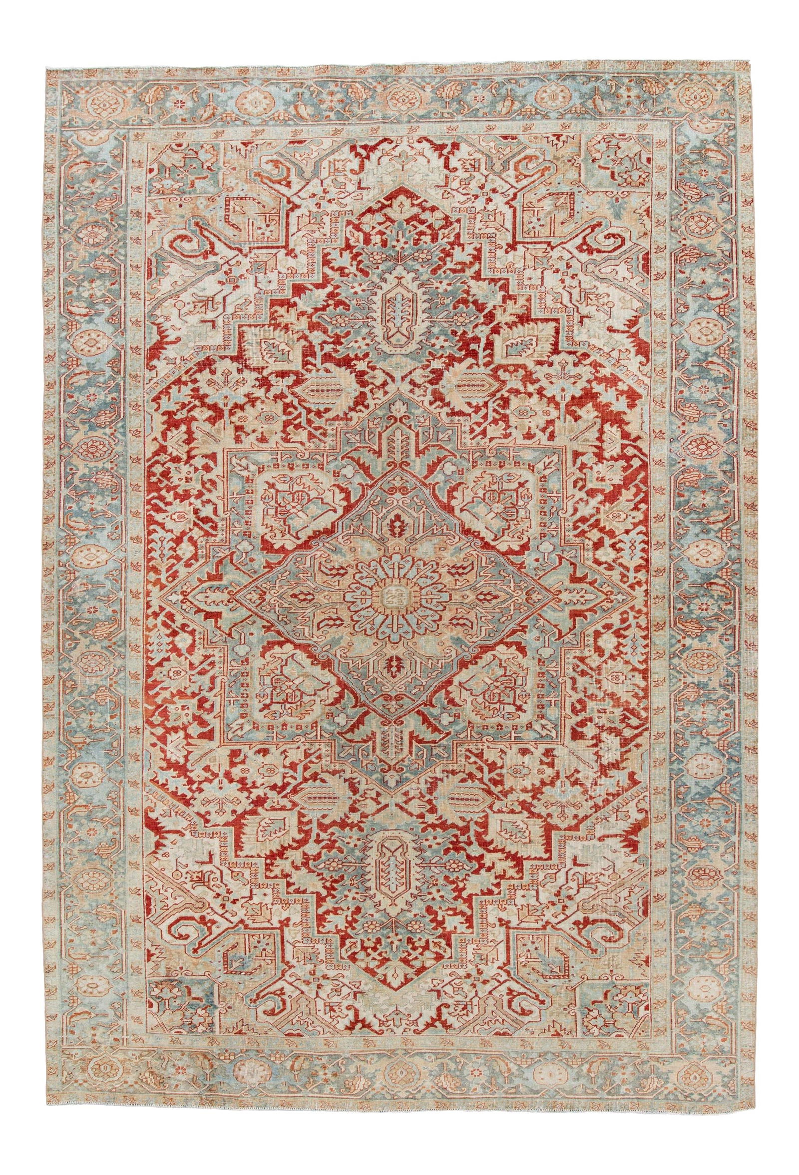 Vintage Persian Heriz Hand-Knotted Wool Rug 7'7 x 11'1 Red Blue Design: Vintage Persian Heriz Hand-Knotted Wool Rug 7'7 x 11'1 Red Blue Design Enhance your living space with this exquisite Vintage Persian Heriz Room Size Wool Rug. Hand-knotted with meticulous craftsmanshi