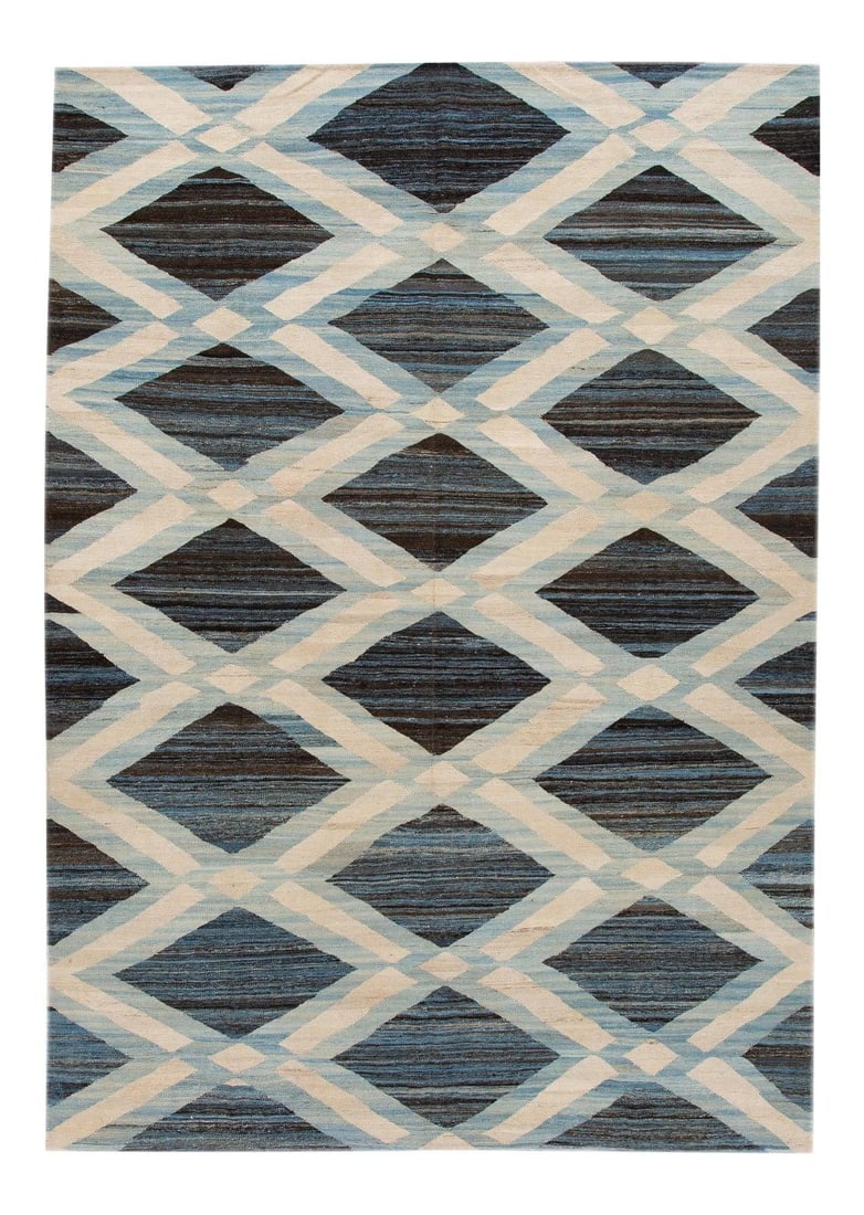 Modern Geometric 8'6 x 12 Handmade Wool Flatweave Rug: Modern Geometric 8'6 x 12 Handmade Wool Flatweave Rug Enhance your living space with this stunning handmade flatweave Kilim rug, featuring a captivating abstract design in shades of brown and blue. Ac