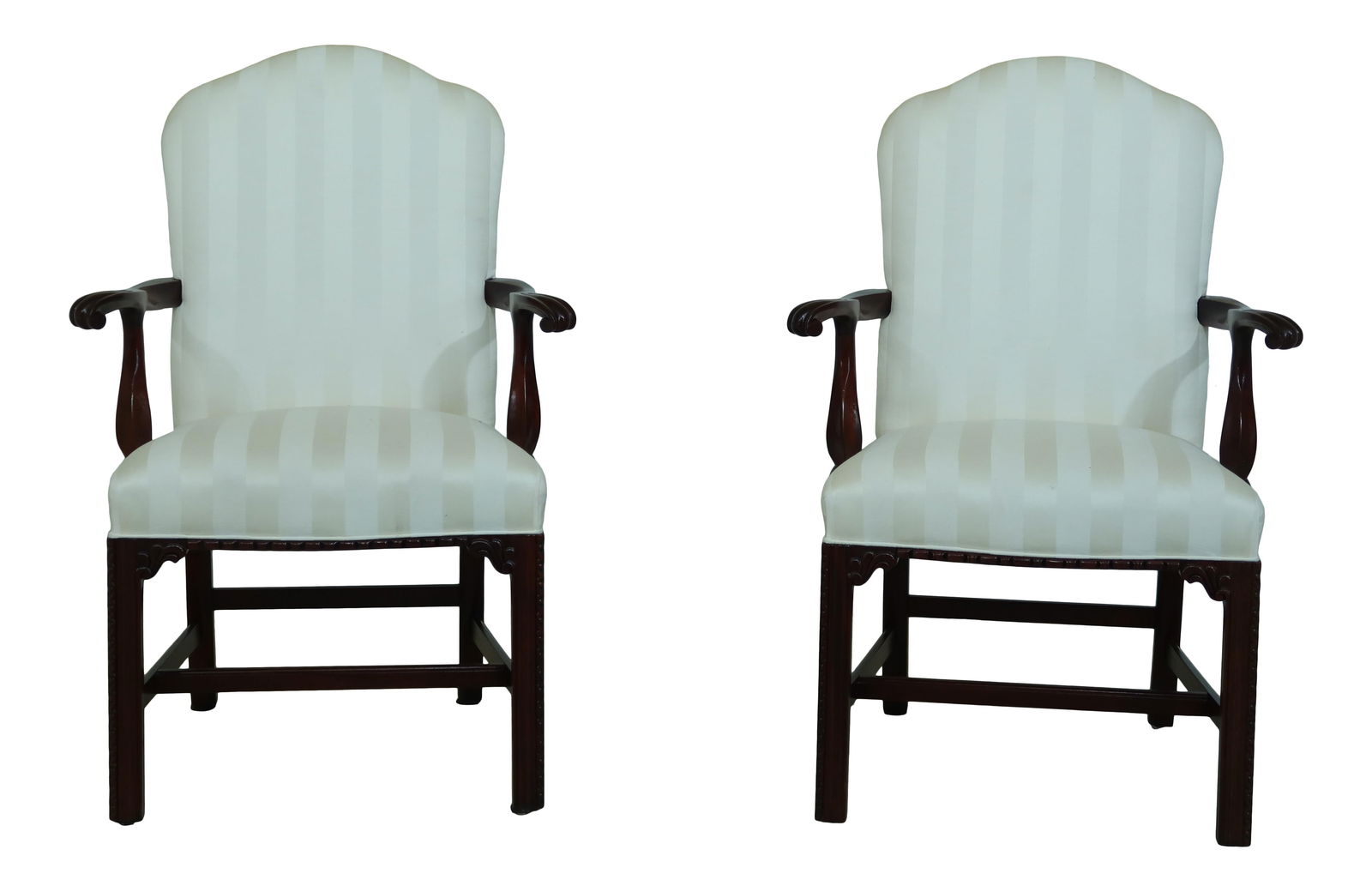 Pair of Southwood Chippendale Mahogany Upholstered Armchairs: Pair of Southwood Chippendale Mahogany Upholstered Armchairs This exquisite pair of Southwood Chippendale upholstered armchairs showcases a timeless design inspired by the 18th century. Crafted from h