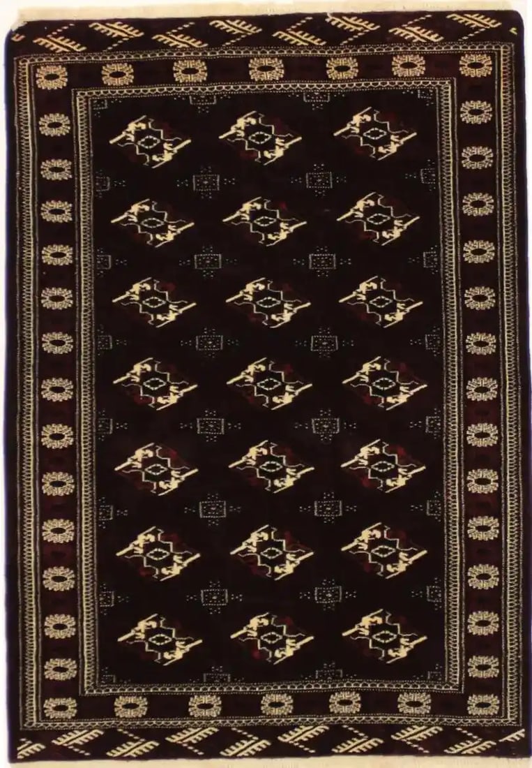 Wool Hand-Knotted Geometric Tribal Area Rug 4' 8" x 6' 9" Burgundy Modern: Wool Hand-Knotted Geometric Tribal Area Rug 4' 8" x 6' 9" Burgundy Modern This handmade area rug features a burgundy, ivory, red, and black geometric tribal design, offering a modern touch suitable fo