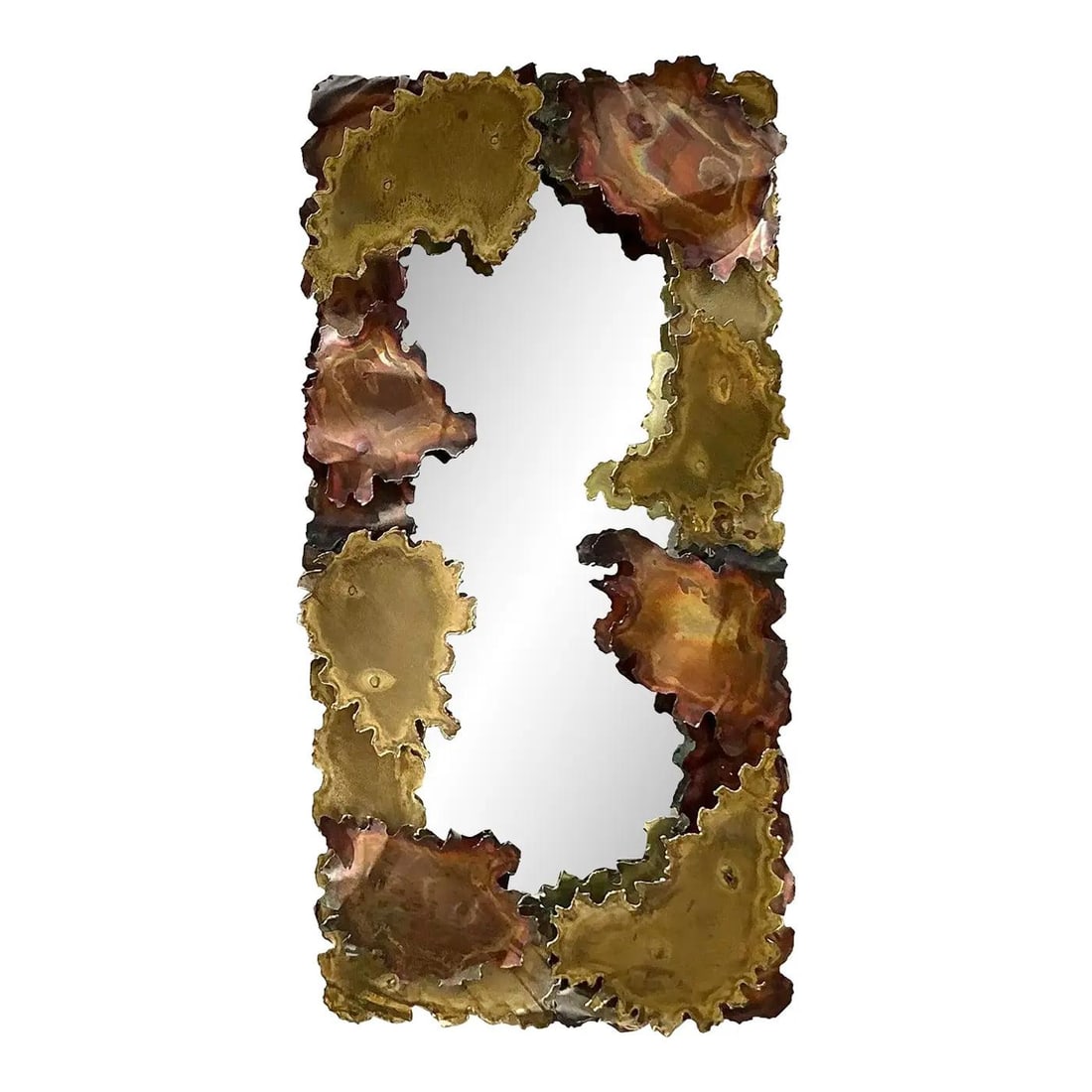 Vintage Brutalist Torch Cut Mirrors Pair Mid-Century Modern Art: Vintage Brutalist Torch Cut Mirrors Pair Mid-Century Modern Art Make a powerful statement with this exceptional pair of vintage Brutalist wall mirrors, embodying the raw energy and sculptural artistry