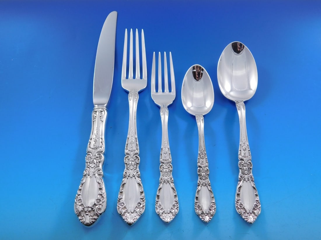 Alvin Prince Eugene Sterling Silver Flatware Set for 12 63 pcs with Storage Chest: Alvin Prince Eugene Sterling Silver Flatware Set for 12 63 pcs with Storage Chest Elevate your dining experience with the Prince Eugene Sterling Silver Flatware Set by Alvin, designed for 12 guests. T