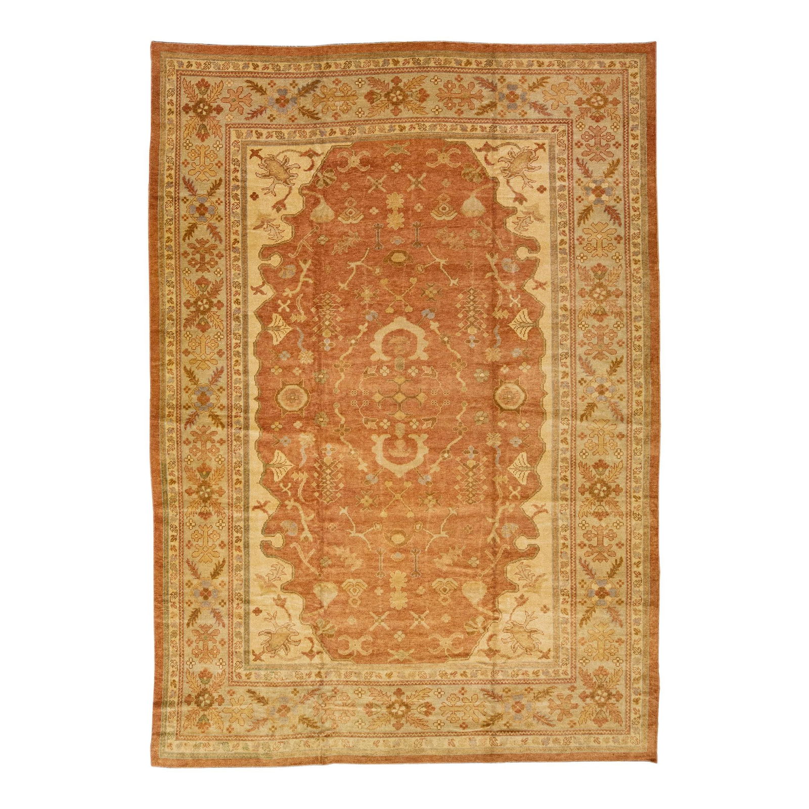 Elegant Turkish Oushak Handmade Wool Rug 12'2 x 17 Copper Floral Design: Elegant Turkish Oushak Handmade Wool Rug 12'2 x 17 Copper Floral Design Enhance your space with this exquisite modern Turkish hand-knotted wool rug. Featuring a stunning copper color field, the rug is