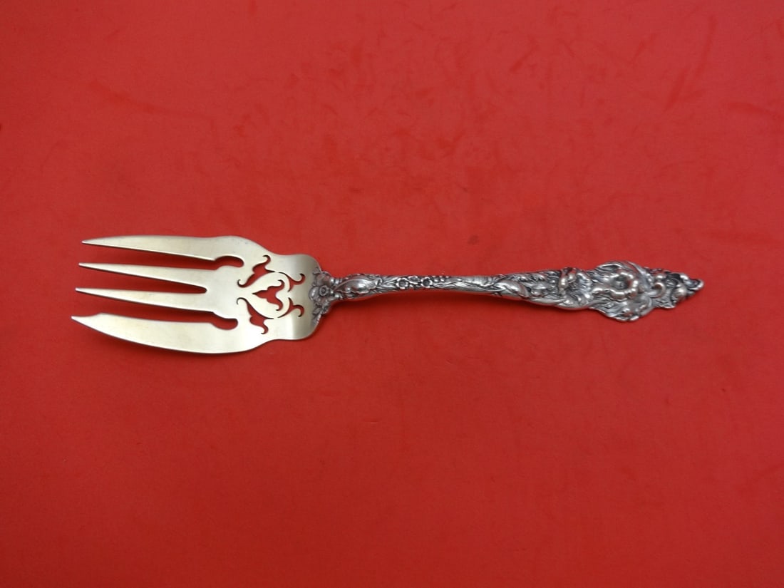 Reed & Barton Les Six Fleurs Sterling Silver Cold Meat Fork 7 3/4" Gold Wash: Reed & Barton Les Six Fleurs Sterling Silver Cold Meat Fork 7 3/4" Gold Wash This exquisite cold meat fork is from the renowned Les Six Fleurs pattern by Reed & Barton. Crafted from high-quality sterl