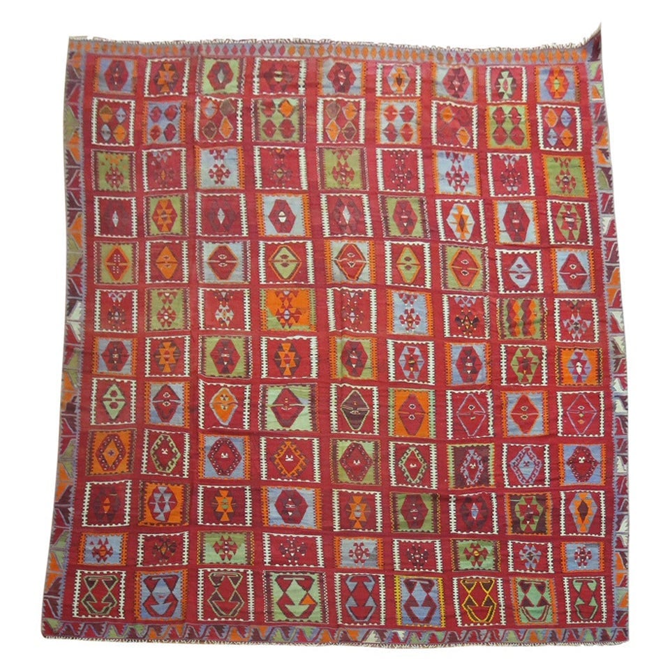 Stunning Antique Turkish Kilim Rug 11'1" x 14'1" Hand-Woven Wool Tribal Art: Stunning Antique Turkish Kilim Rug 11'1" x 14'1" Hand-Woven Wool Tribal Art Discover the charm of this large, beautiful antique Turkish Kilim, a stunning example of tribal craftsmanship. Hand-woven fr