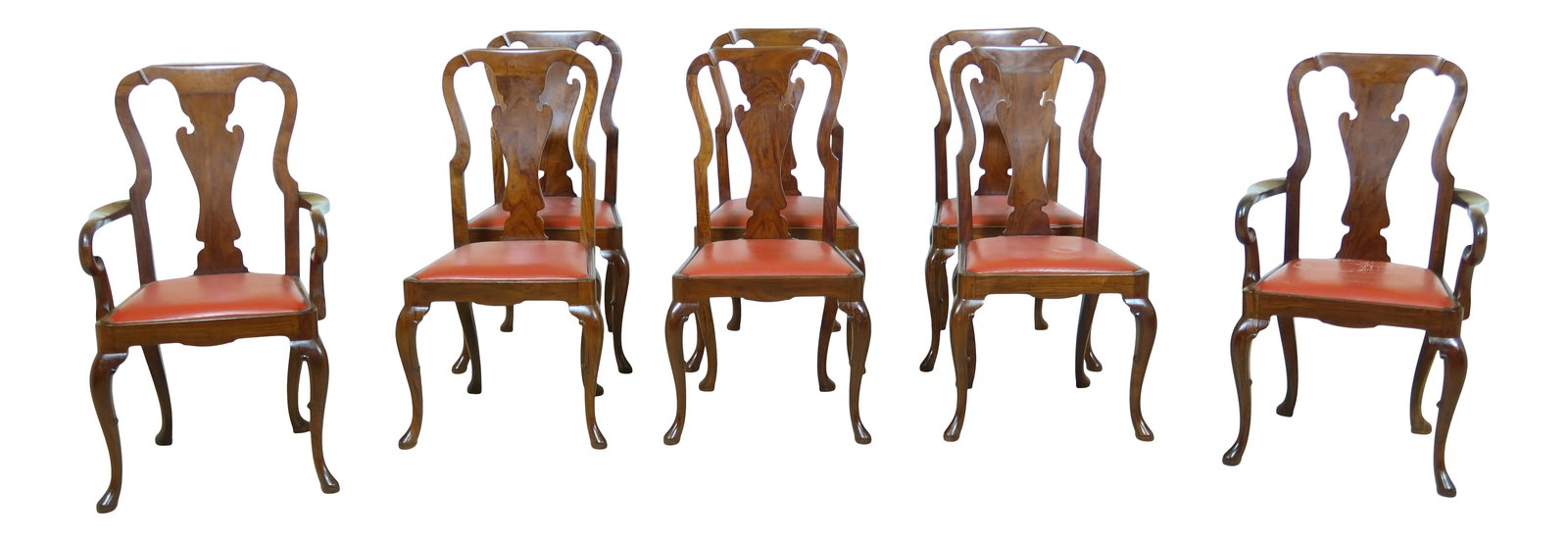 Set of 8 English Style Solid Walnut Dining Chairs with Leather Seats: Set of 8 English Style Solid Walnut Dining Chairs with Leather Seats This exquisite set of 8 solid walnut dining chairs showcases a classic English style, featuring Queen Anne legs and pad feet. Craft