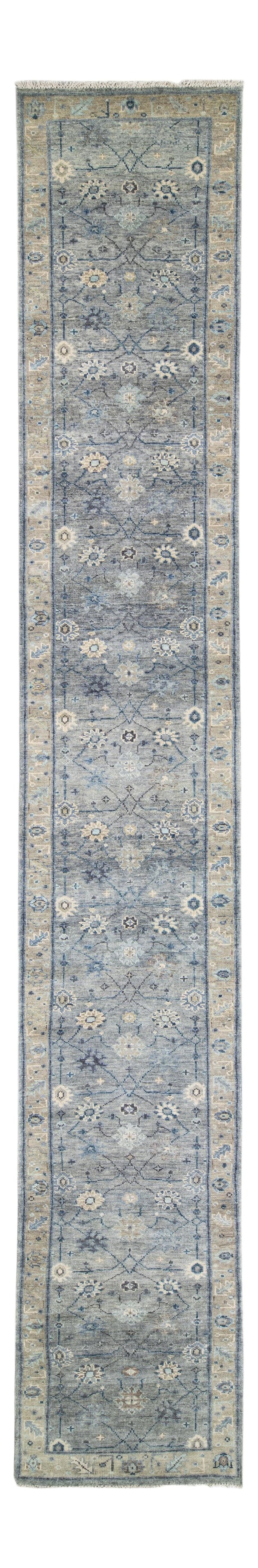 Handmade Gray Beige Floral Oushak Wool Runner 3'1 x 20': Handmade Gray Beige Floral Oushak Wool Runner 3'1 x 20' Enhance your space with this exquisite Modern Gray and Beige Oushak Style Handmade Floral Motif Long Wool Runner. Hand-knotted with meticulous c