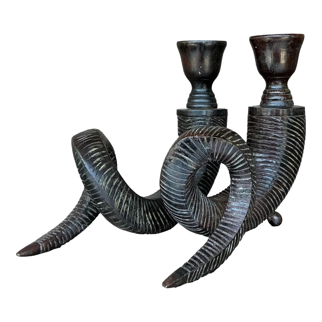 Vintage Boho Oxblood Red Curly Horn Metal Candlesticks - Pair: Vintage Boho Oxblood Red Curly Horn Metal Candlesticks - Pair Enhance your decor with this striking pair of vintage metal candlesticks, designed to mimic the elegant form of curly animal horns. Each c