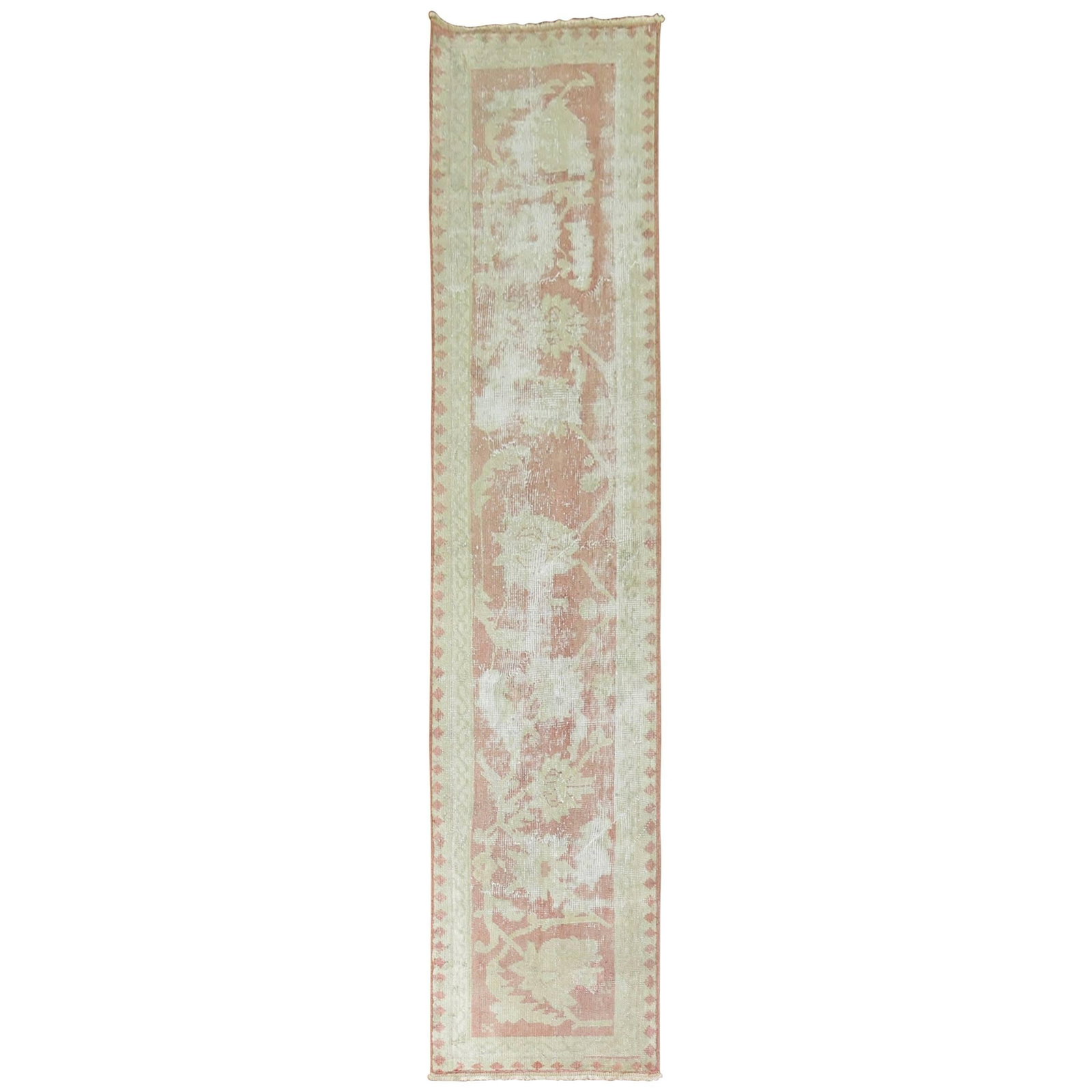 Antique Turkish Oushak Runner Soft Pink 24x102 Hand-Knotted Wool: Antique Turkish Oushak Runner Soft Pink 24x102 Hand-Knotted Wool This exquisite Soft Pink Antique Oushak Runner is a stunning addition to any space, featuring a beautiful soft pink hue that complement