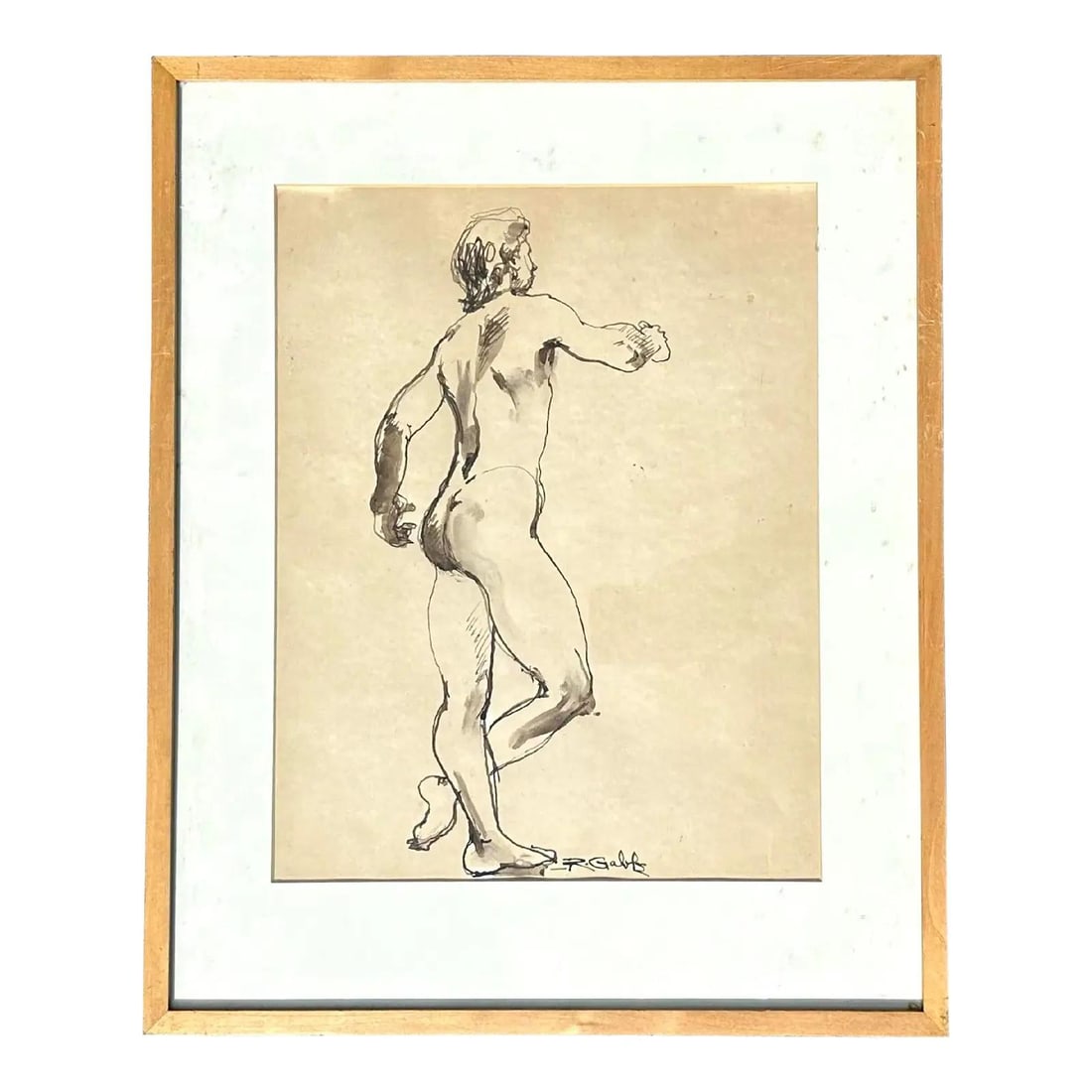 Framed Nude Male Figure Vintage Boho Ink Drawing on Paper: Framed Nude Male Figure Vintage Boho Ink Drawing on Paper This vintage boho ink line drawing features a nude male figure, skillfully depicted with fluid and confident pen strokes. The minimalistic sty