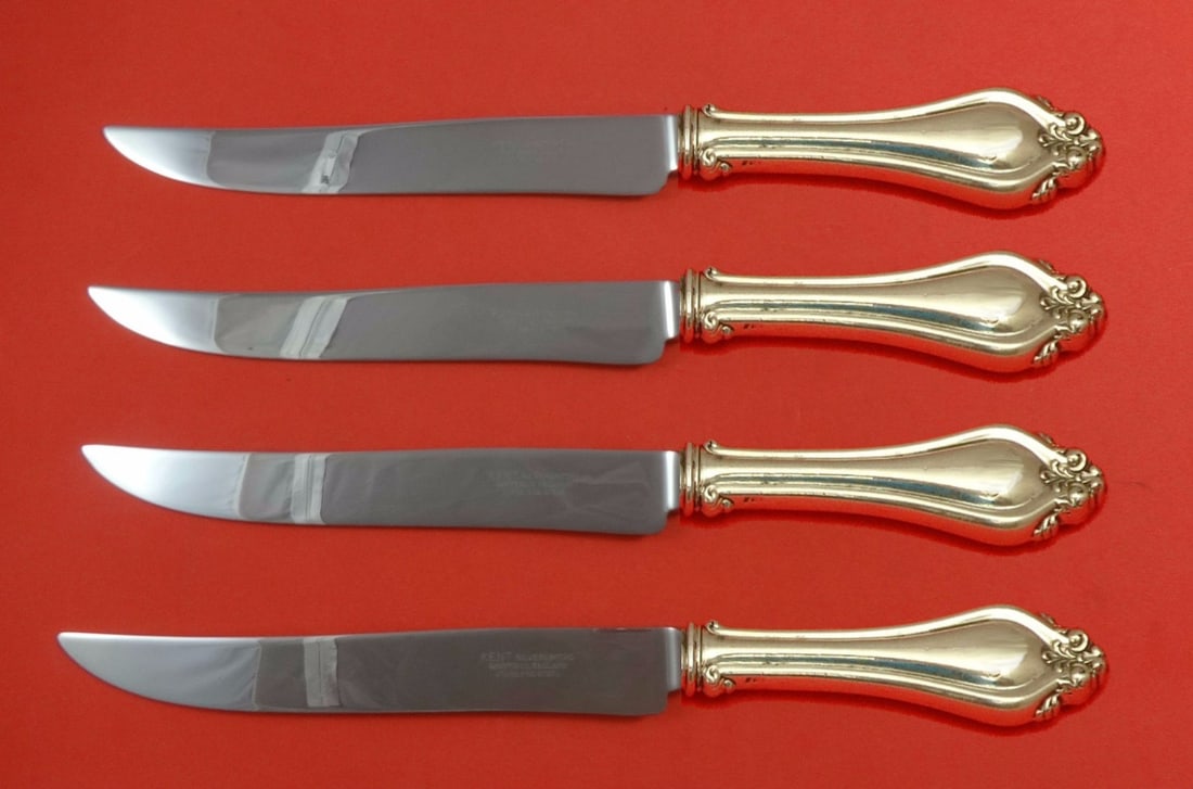 La Perle Sterling Silver 4-Piece Texas Sized Steak Knife Set by Reed and Barton: La Perle Sterling Silver 4-Piece Texas Sized Steak Knife Set by Reed and Barton Introducing the La Perle by Reed and Barton Sterling Silver Steak Knife Set, a stunning 4-piece flatware collection. Cra