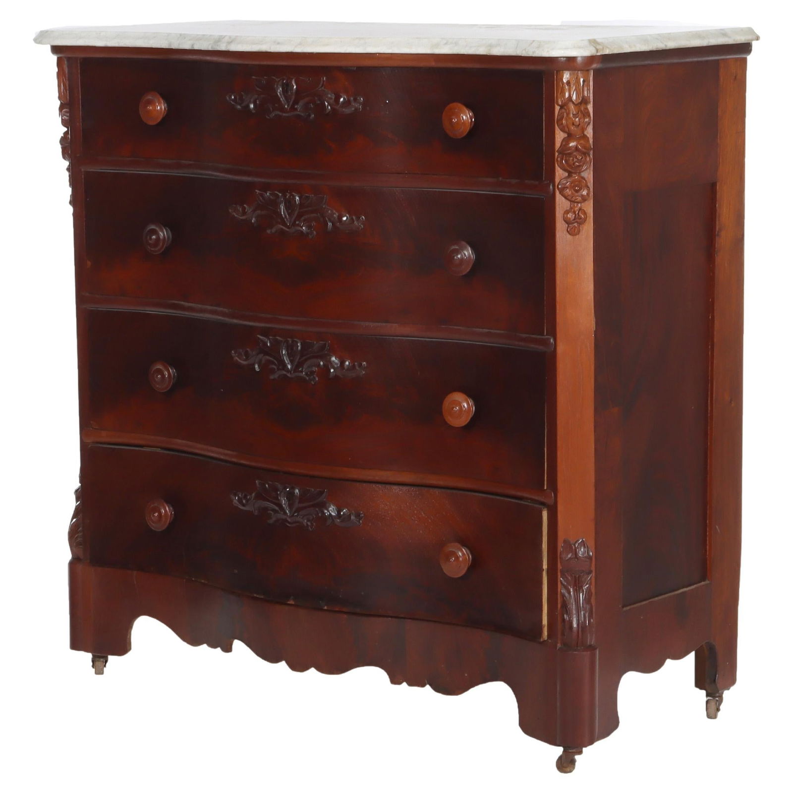 Victorian Antique Flame Mahogany 4-Drawer Marble Top Dresser C1890: Victorian Antique Flame Mahogany 4-Drawer Marble Top Dresser C1890 This exquisite Antique Carved Flame Mahogany Serpentine 4-Drawer Dresser dates back to circa 1890, showcasing the elegant Victorian s
