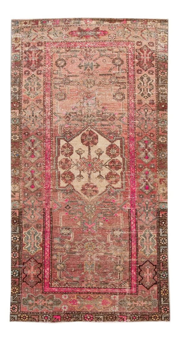 Vintage Shabby Chic Hand-Knotted Wool Scatter Rug 3'7 x 6'9 Rose: Vintage Shabby Chic Hand-Knotted Wool Scatter Rug 3'7 x 6'9 Rose Enhance your space with this exquisite Vintage Shabby Chic hand-knotted scatter rug. Featuring a lovely beige and pink field adorned wi