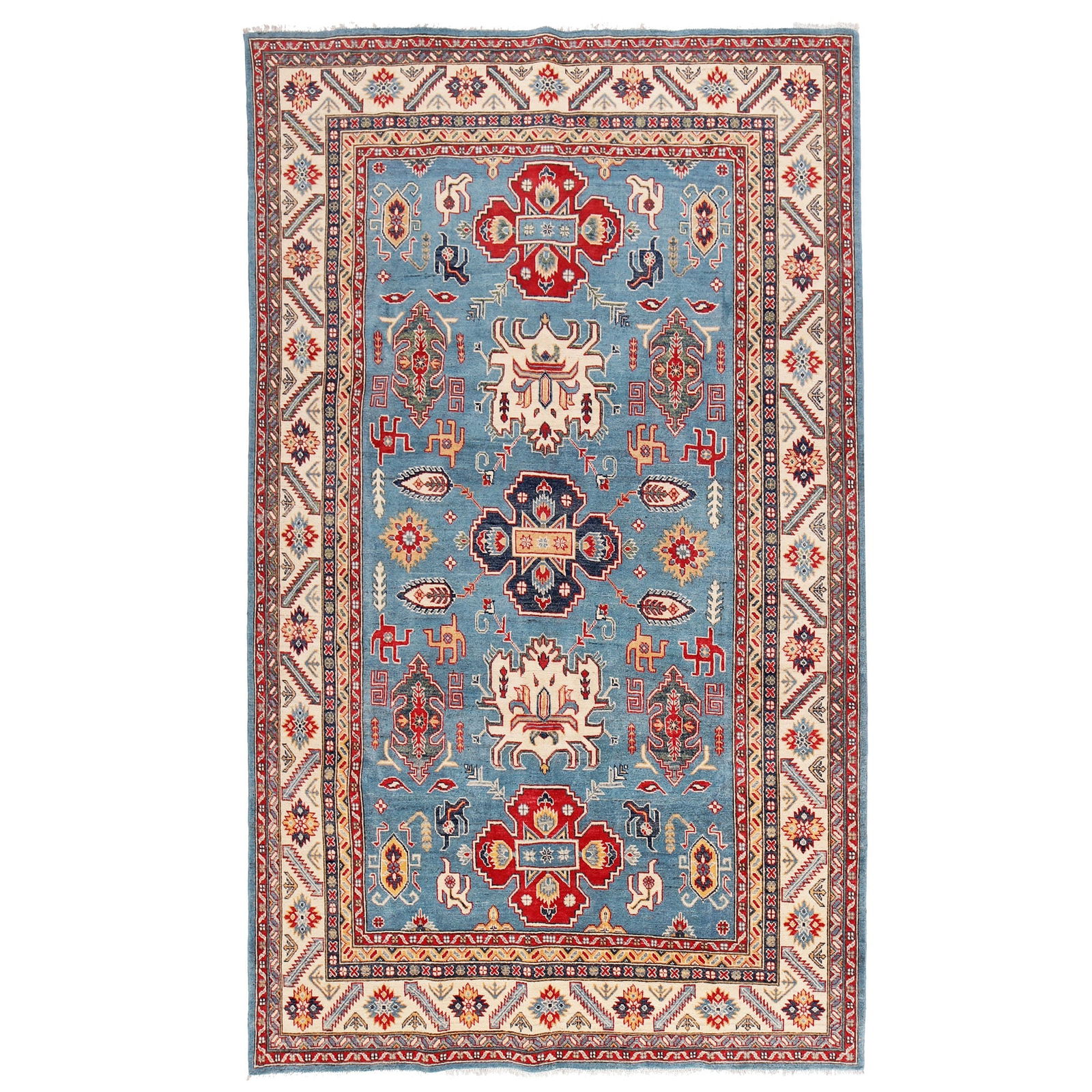 6'3" x 9'6" Handmade Blue Kazak Rug Natural Wool Artisan Crafted Pakistan: 6'3" x 9'6" Handmade Blue Kazak Rug Natural Wool Artisan Crafted Pakistan Free continental US Shipping Enhance your home with the vibrant charm of this Beautiful Handmade Blue Kazak Rug, expertly craf