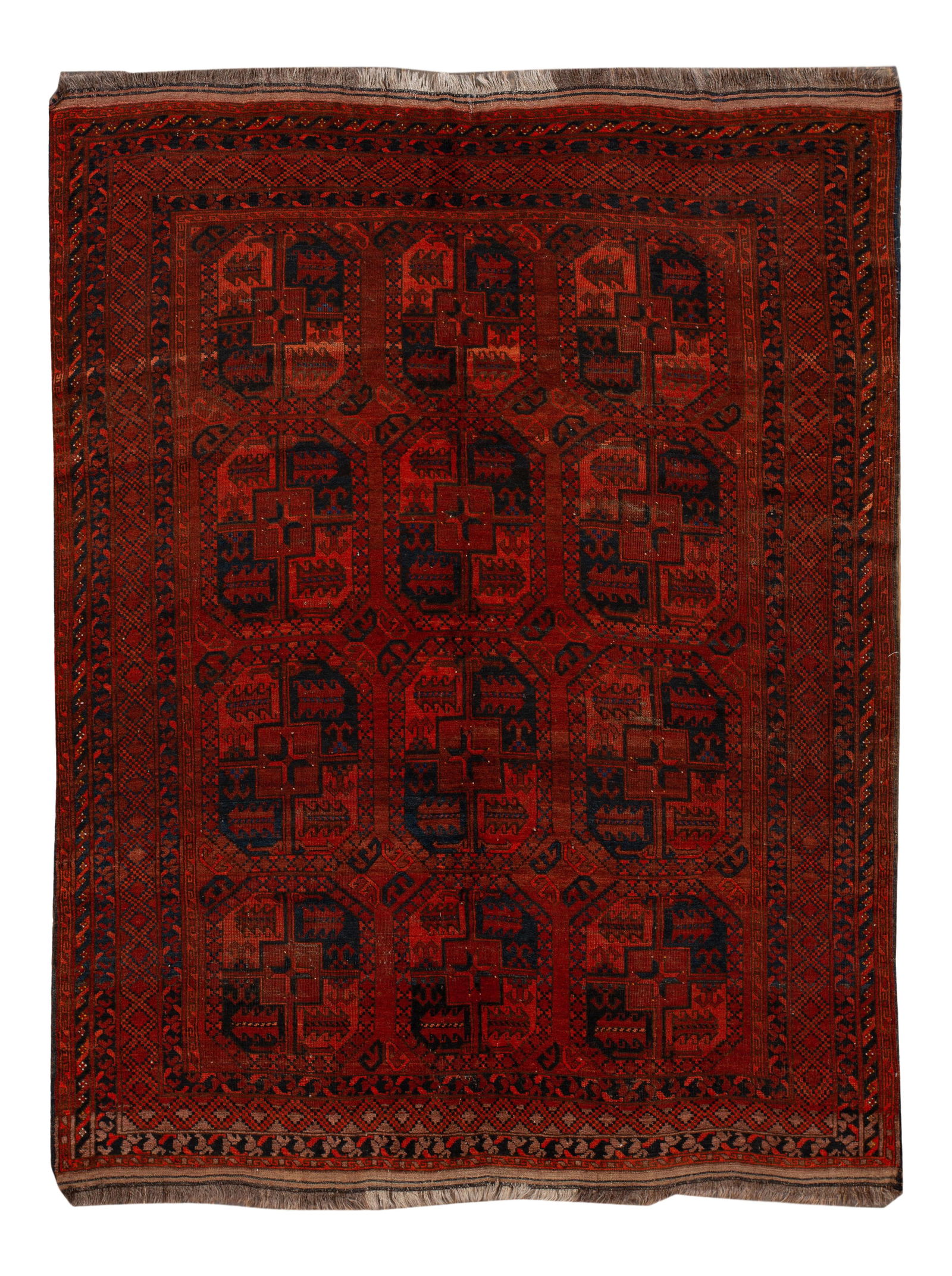 Vintage Turkmen Wool Rug Red Geometric Design 6'6" x 8'6": Vintage Turkmen Wool Rug Red Geometric Design 6'6" x 8'6" Discover the beauty of this mid-20th century vintage Turkmen wool rug, expertly hand-knotted to feature an intricate geometric design. This st