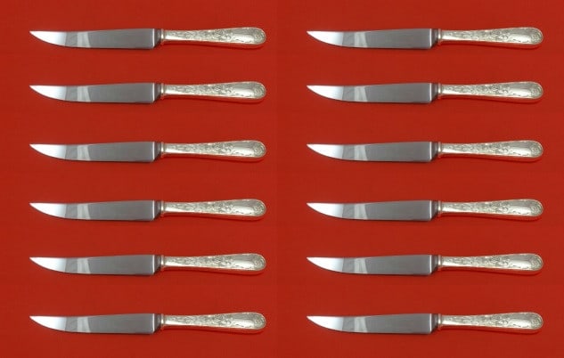 Kirk Old Maryland Engraved Sterling Silver Steak Knife Set 12pc 8 1/2": Kirk Old Maryland Engraved Sterling Silver Steak Knife Set 12pc 8 1/2" Enhance your dining experience with this exquisite set of 12 Old Maryland Engraved Steak Knives by Kirk. Crafted from high-qualit