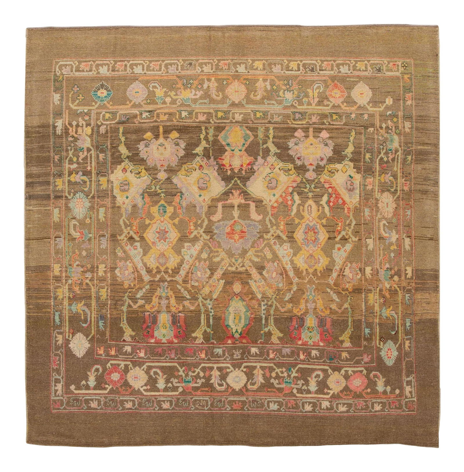 Vibrant Brown Revival Handmade Wool Rug 8'1 x 8'4: Vibrant Brown Revival Handmade Wool Rug 8'1 x 8'4 Enhance your space with this exquisite Modern hand-knotted wool rug from the Revival Collection. Featuring a rich brown field, this stunning piece sho