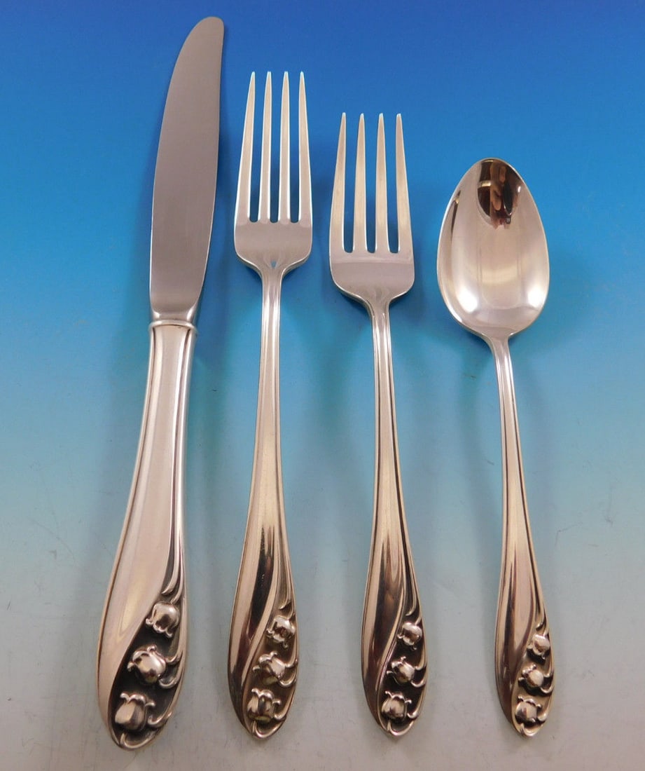 Gorham Lily of the Valley Sterling Silver Flatware Set 38 pcs for 8: Gorham Lily of the Valley Sterling Silver Flatware Set 38 pcs for 8 This exquisite Lily of the Valley flatware set by Gorham features a stunning Art Nouveau design, making it a timeless addition to yo