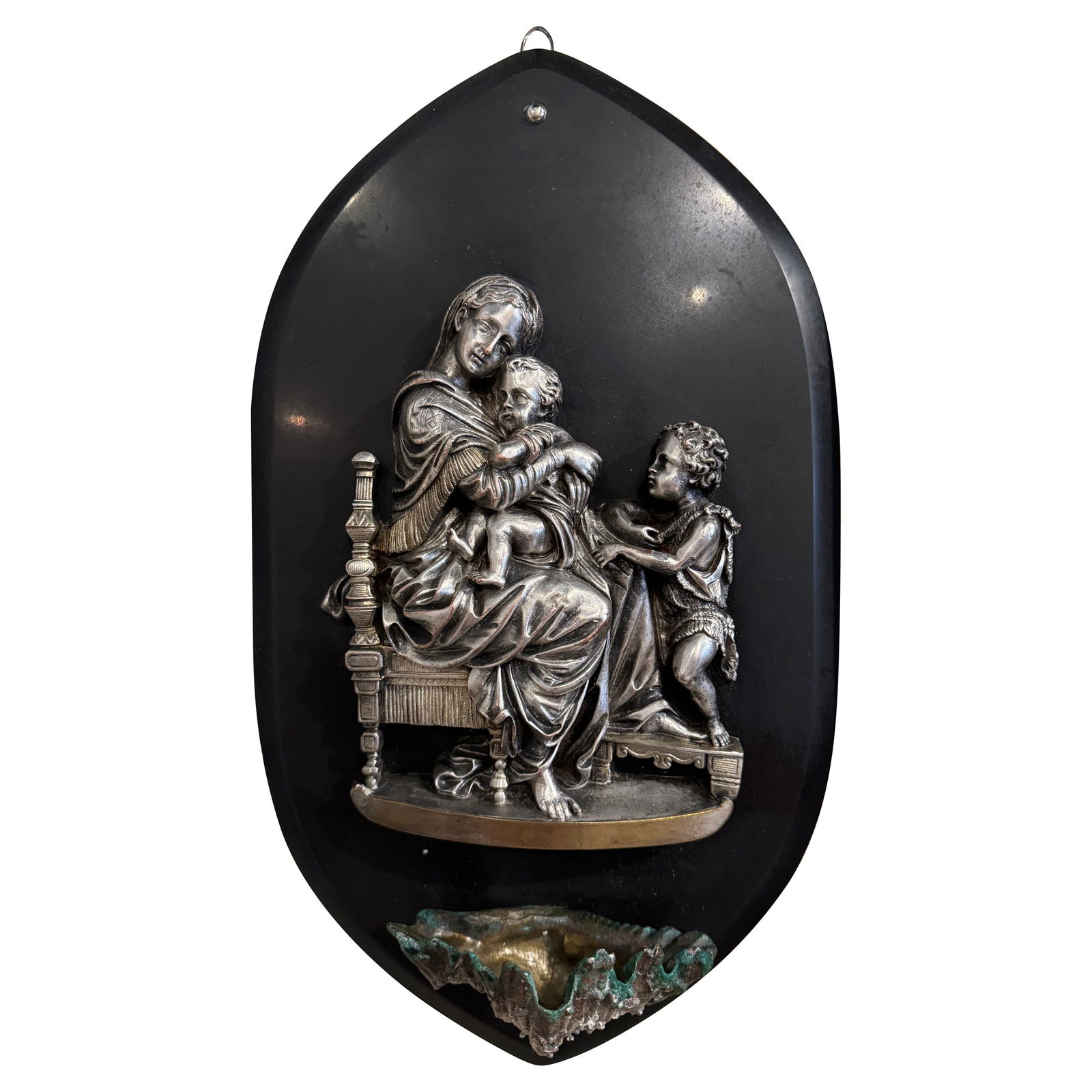 Early 20th Century French Silvered Pewter Holy Water Stoup with Virgin Mary and Jesus: Early 20th Century French Silvered Pewter Holy Water Stoup with Virgin Mary and Jesus Enhance your chapel or entryway with this exquisite early 20th-century French holy water stoup, circa 1920. This b