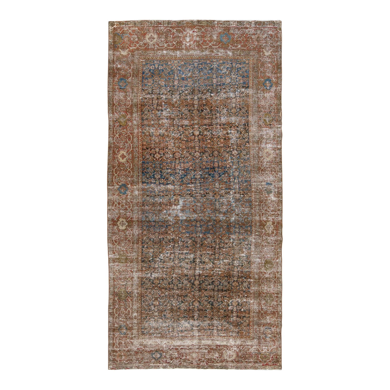 Antique Persian Mahal Blue Wool Rug Hand-Knotted 4'11 x 9'10: Antique Persian Mahal Blue Wool Rug Hand-Knotted 4'11 x 9'10 Discover the exquisite beauty of this hand-knotted antique Mahal wool rug, featuring a stunning blue color field adorned with rust and brow