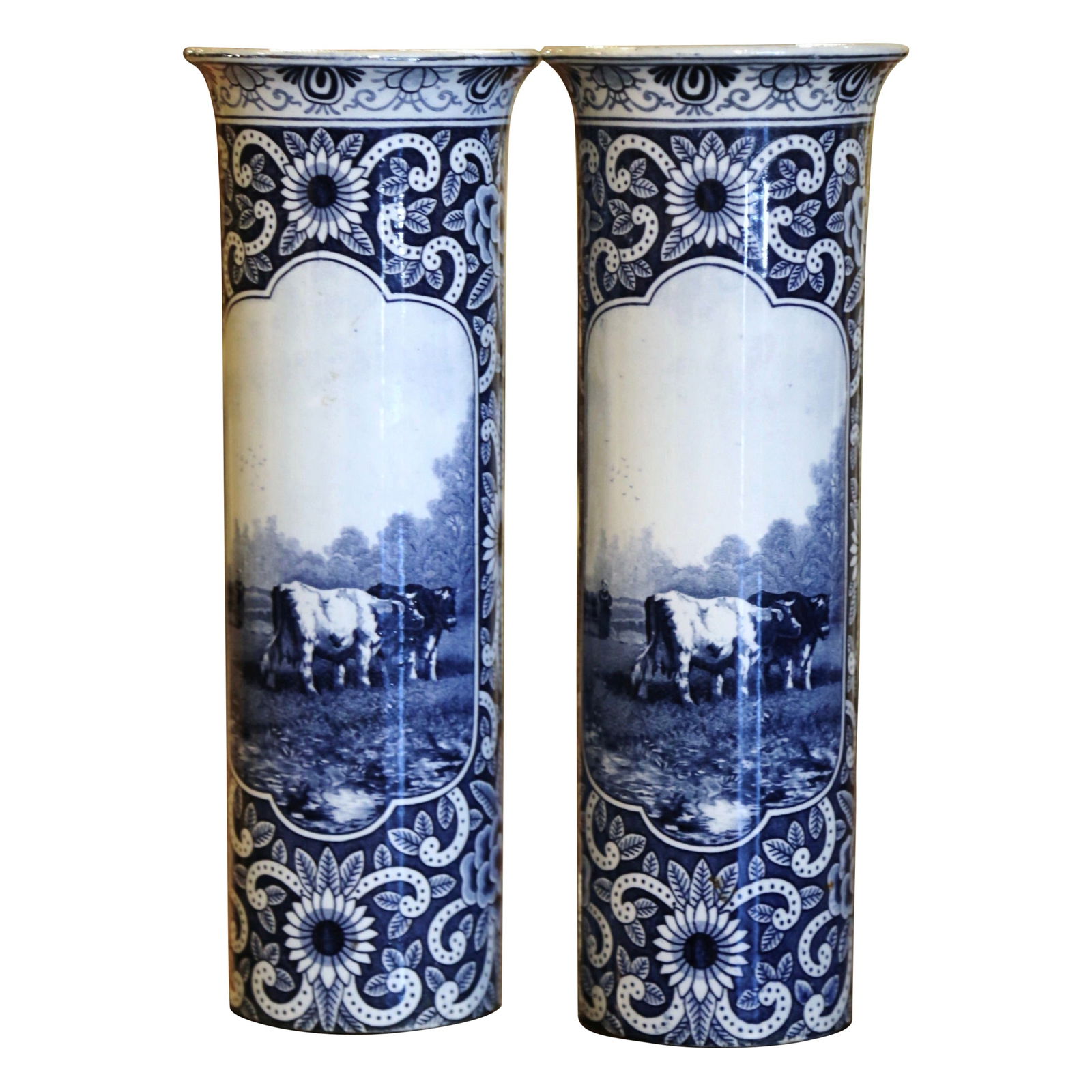 Set of 2 Antique 19th Century Hand Painted Delft Vases with Cattle Motifs: Set of 2 Antique 19th Century Hand Painted Delft Vases with Cattle Motifs Enhance your decor with this exquisite pair of 19th Century Dutch hand-painted faience Delft vases. Measuring 12.25 inches in