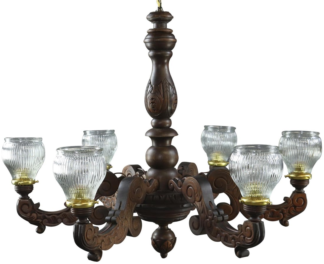 Vintage 1950 French Renaissance 6-Arm Oak Bowl Chandelier: Vintage 1950 French Renaissance 6-Arm Oak Bowl Chandelier Illuminate your space with this stunning Vintage 6-Arm Oak Chandelier, a beautiful piece from the French Renaissance style circa 1950. This ch