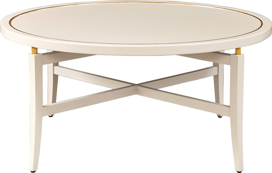 Port Eliot Round Hand-Painted Cocktail Table with Gold Leaf Connectors: Port Eliot Round Hand-Painted Cocktail Table with Gold Leaf Connectors Enhance your living space with this Traditional White Round Cocktail Table, featuring a timeless design with hand-painted accents
