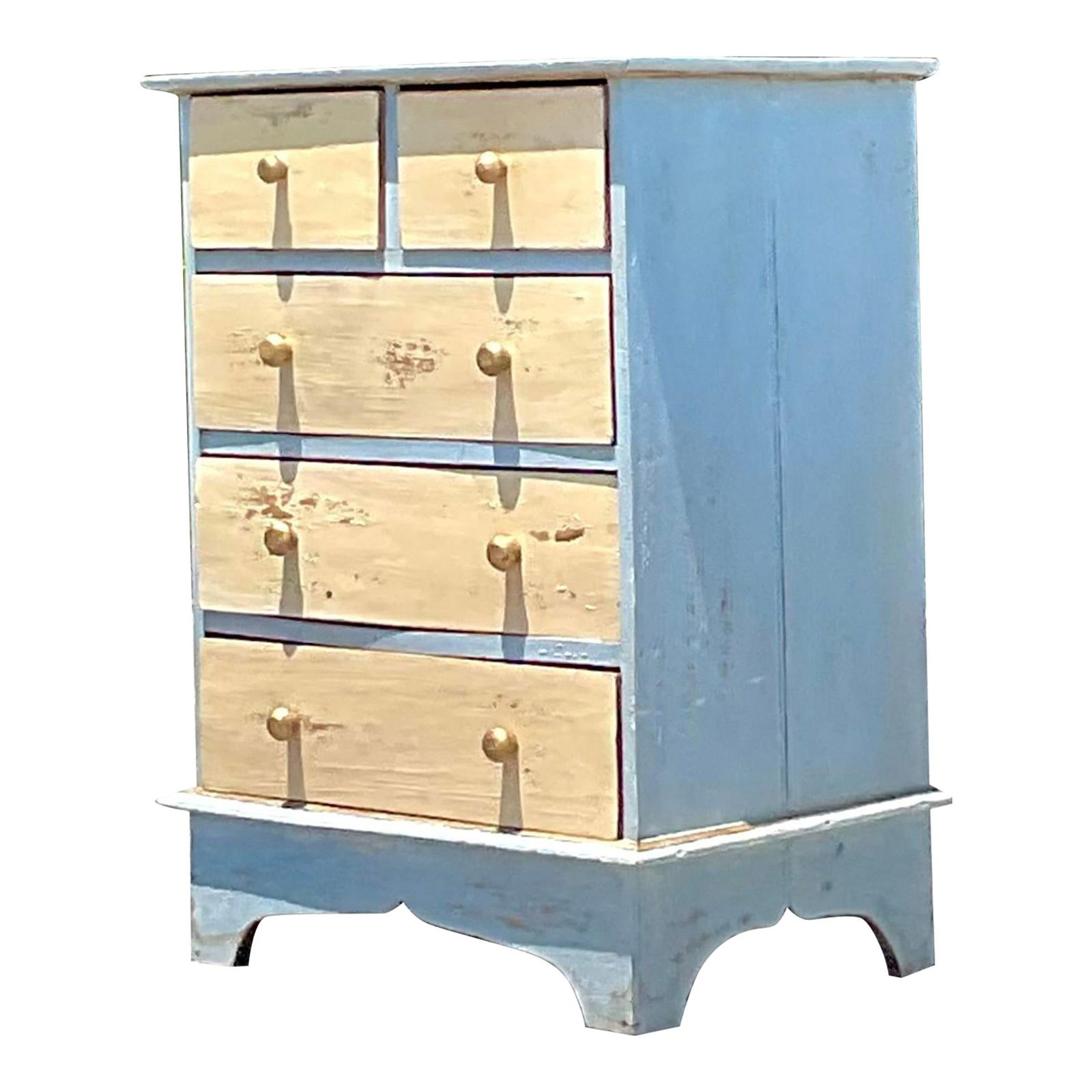Vintage Baby Blue Primitive Petite Chest of Drawers: Vintage Baby Blue Primitive Petite Chest of Drawers Embrace rustic charm with this Early 20th Century Primitive Petite Chest of Drawers. This vintage piece showcases a quaint yet sturdy design, reflec