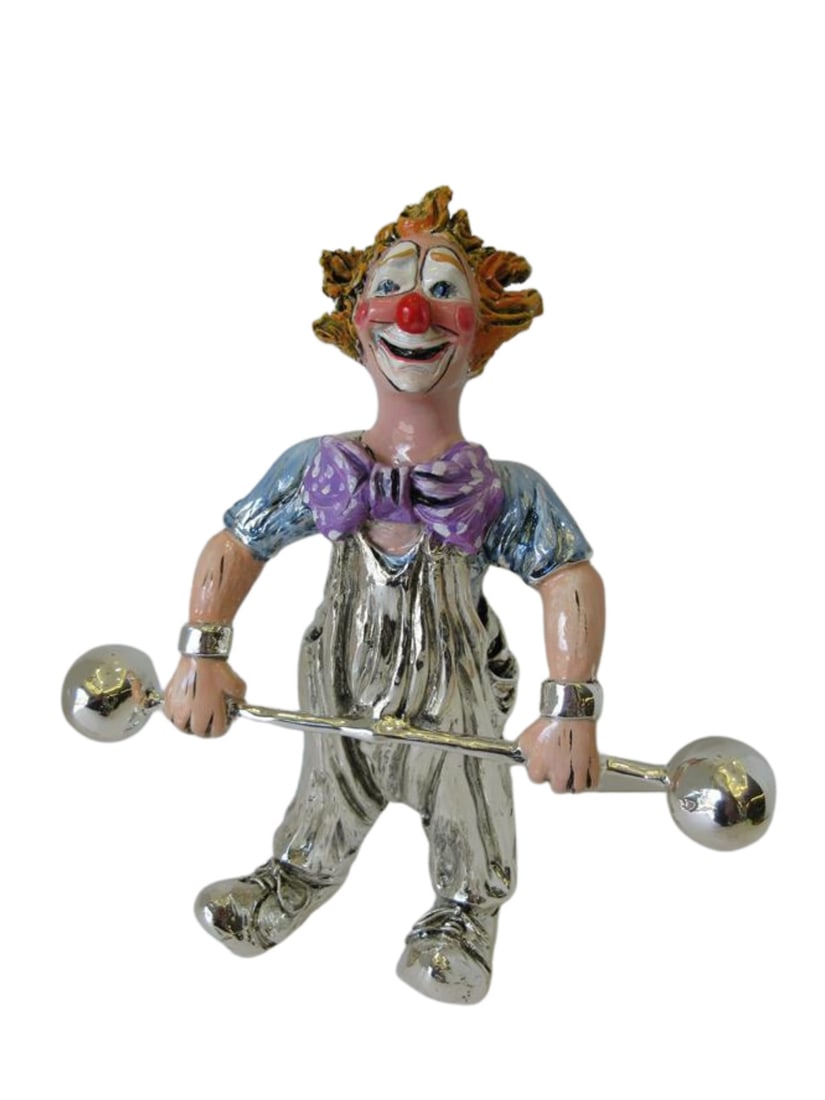 Italian Silver Plated Clown Lifting Weights Figurine with Enamel: Italian Silver Plated Clown Lifting Weights Figurine with Enamel This exquisite Italian silver plated figurine features a colorful clown lifting weights, showcasing fine craftsmanship and attention to