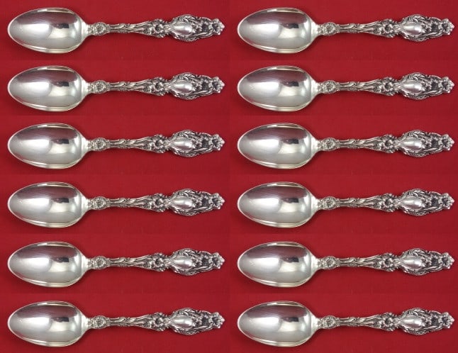 Gorham Whiting Lily Sterling Silver Teaspoon Set 12 Pieces: Gorham Whiting Lily Sterling Silver Teaspoon Set 12 Pieces This exquisite 12-piece set of teaspoons features the elegant "Lily" pattern by Whiting, crafted in sterling silver. Each spoon measures 5 7/