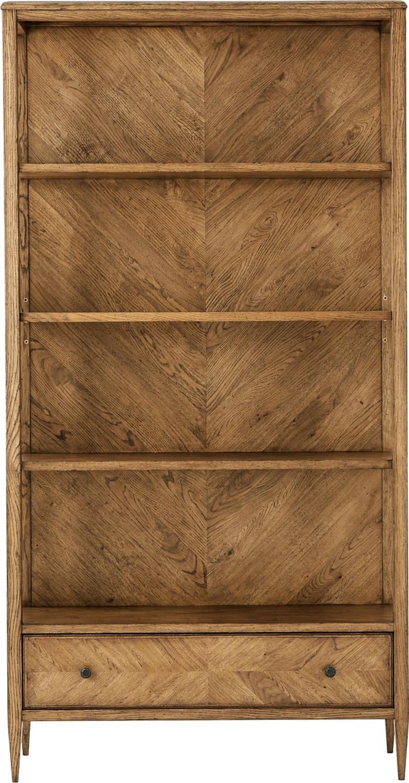 Theodore Alexander Nova Collection Elegant Oak Bookcase: Theodore Alexander Nova Collection Elegant Oak Bookcase This elegant open bookcase by Theodore Alexander features a charming dawn finish that enhances its rustic style. Standing at 89 inches tall, wit
