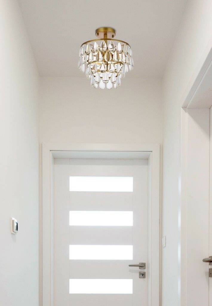 Living District Mila 3-Light Brass Crystal Flush Mount Chandelier 12 Inch: Living District Mila 3-Light Brass Crystal Flush Mount Chandelier 12 Inch Illuminate your space with this stunning Glass Crystal Flush Mount Chandelier, perfect for dining rooms, kitchens, bedrooms, a