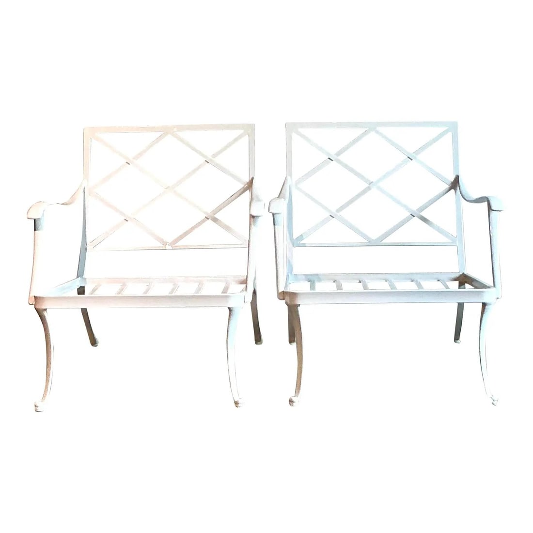 Vintage Brown Jordan Style Trellis Lounge Chairs - Pair in White: Vintage Brown Jordan Style Trellis Lounge Chairs - Pair in White Elevate your living space with this stunning pair of vintage Boho trellis lounge chairs, inspired by the iconic designs of Brown Jordan