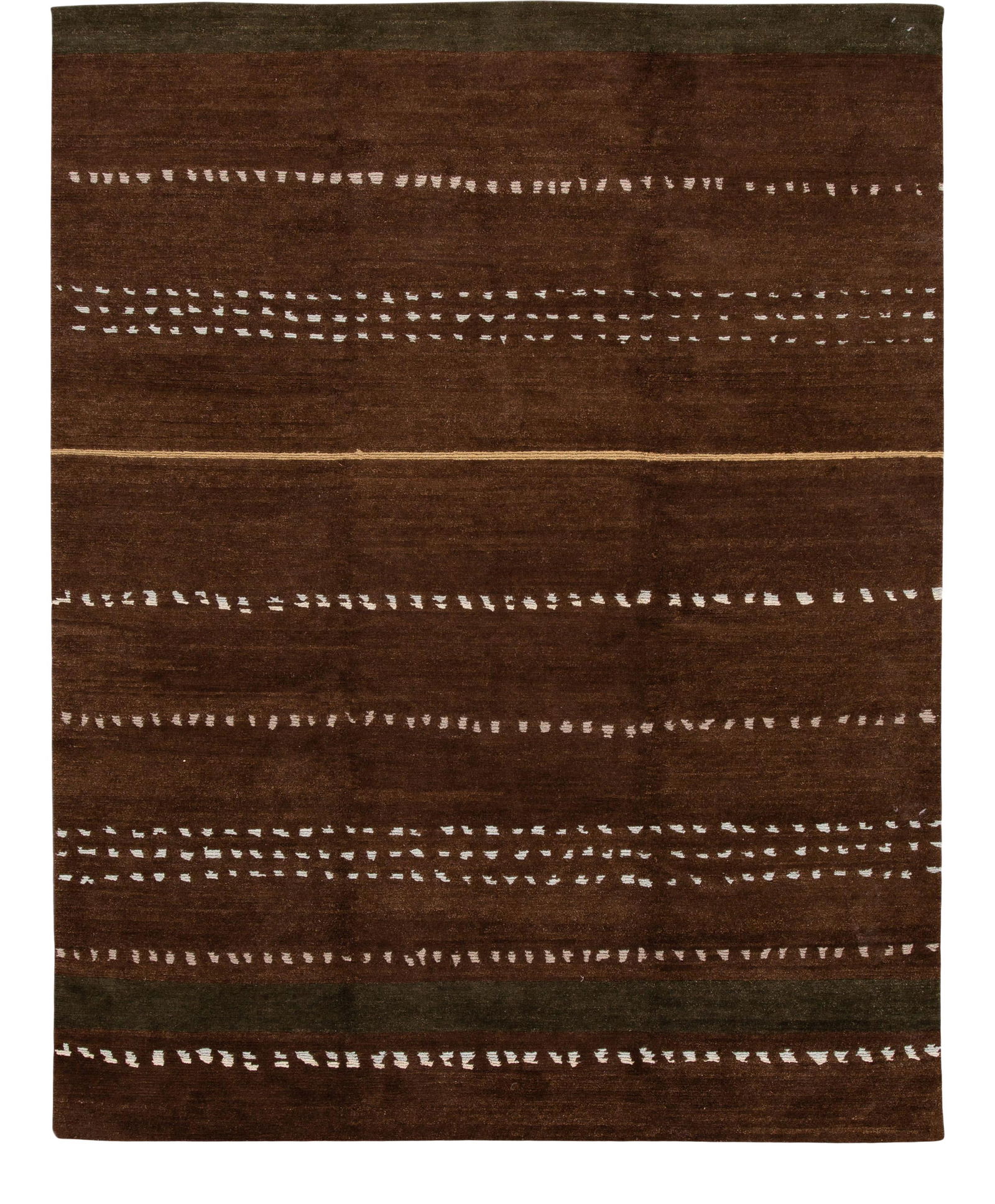 Brown Modern Tibetan Hand-Knotted Wool Rug 8' x 10' Geometric Design: Brown Modern Tibetan Hand-Knotted Wool Rug 8' x 10' Geometric Design This stunning Modern Tibetan Hand-knotted Wool rug features a rich brown field accented with ivory, beige, and green in a captivati