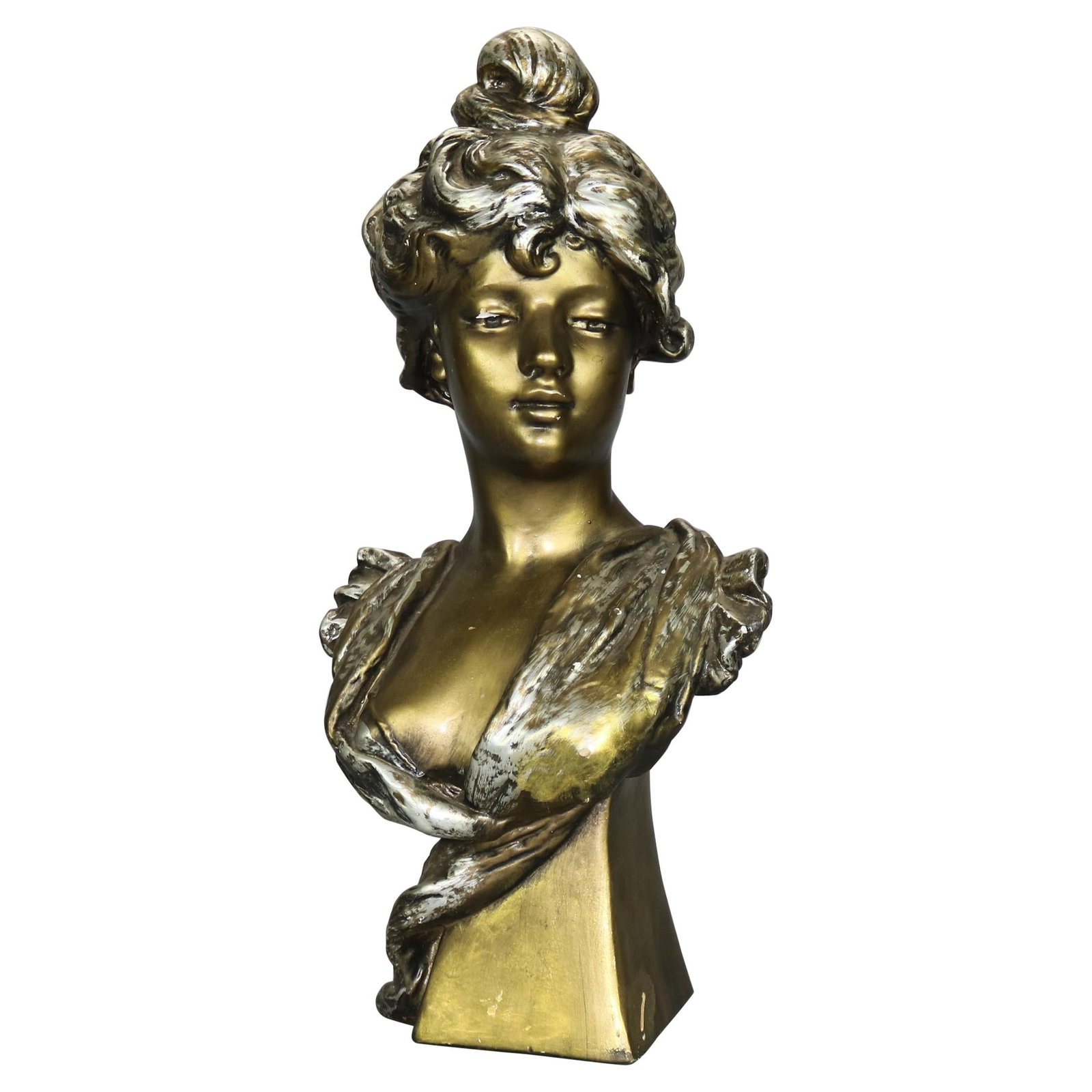 Art Nouveau Gilt Plaster Bust Sculpture Woman C1910 France 23.5": Art Nouveau Gilt Plaster Bust Sculpture Woman C1910 France 23.5" This exquisite antique Art Nouveau gilt plaster portrait bust sculpture of a woman, crafted circa 1910, showcases the elegance and intr