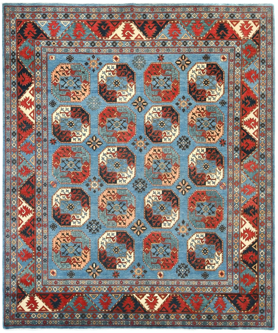 Hand-Knotted Wool Farmhouse Area Rug 8'0 x 9'7 Geometric Tribal Design: Hand-Knotted Wool Farmhouse Area Rug 8'0 x 9'7 Geometric Tribal Design Enhance your living space with this exquisite Hand-Knotted Farmhouse Rug, featuring a striking Geometric Tribal style. Crafted fr