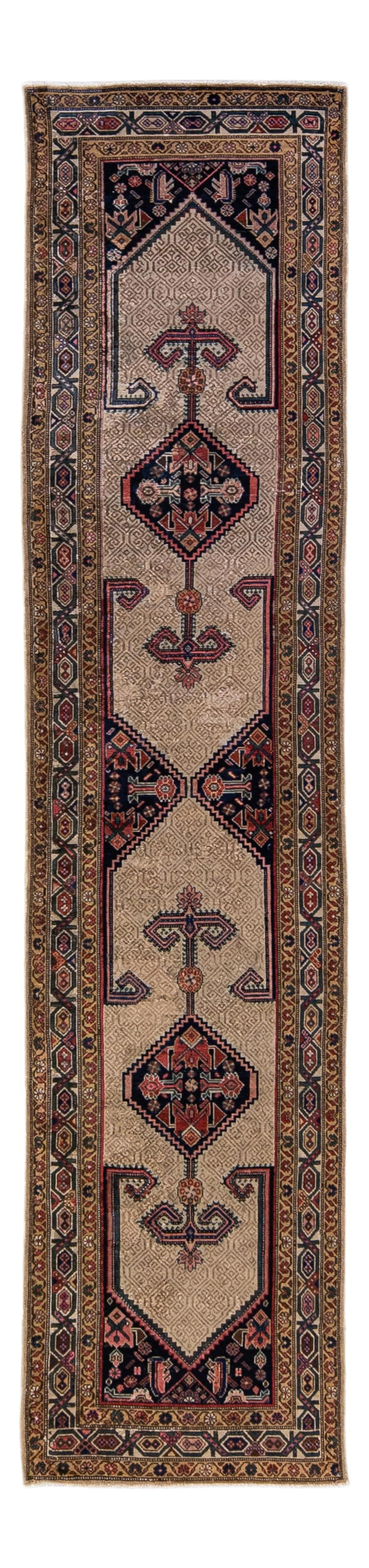 Hamadan Handmade Persian Wool Runner 3'1 x 13'9 Geometric Design: Hamadan Handmade Persian Wool Runner 3'1 x 13'9 Geometric Design Experience the elegance of this exquisite Hamadan handmade wool runner, featuring a stunning brown and beige field. The rug showcases a